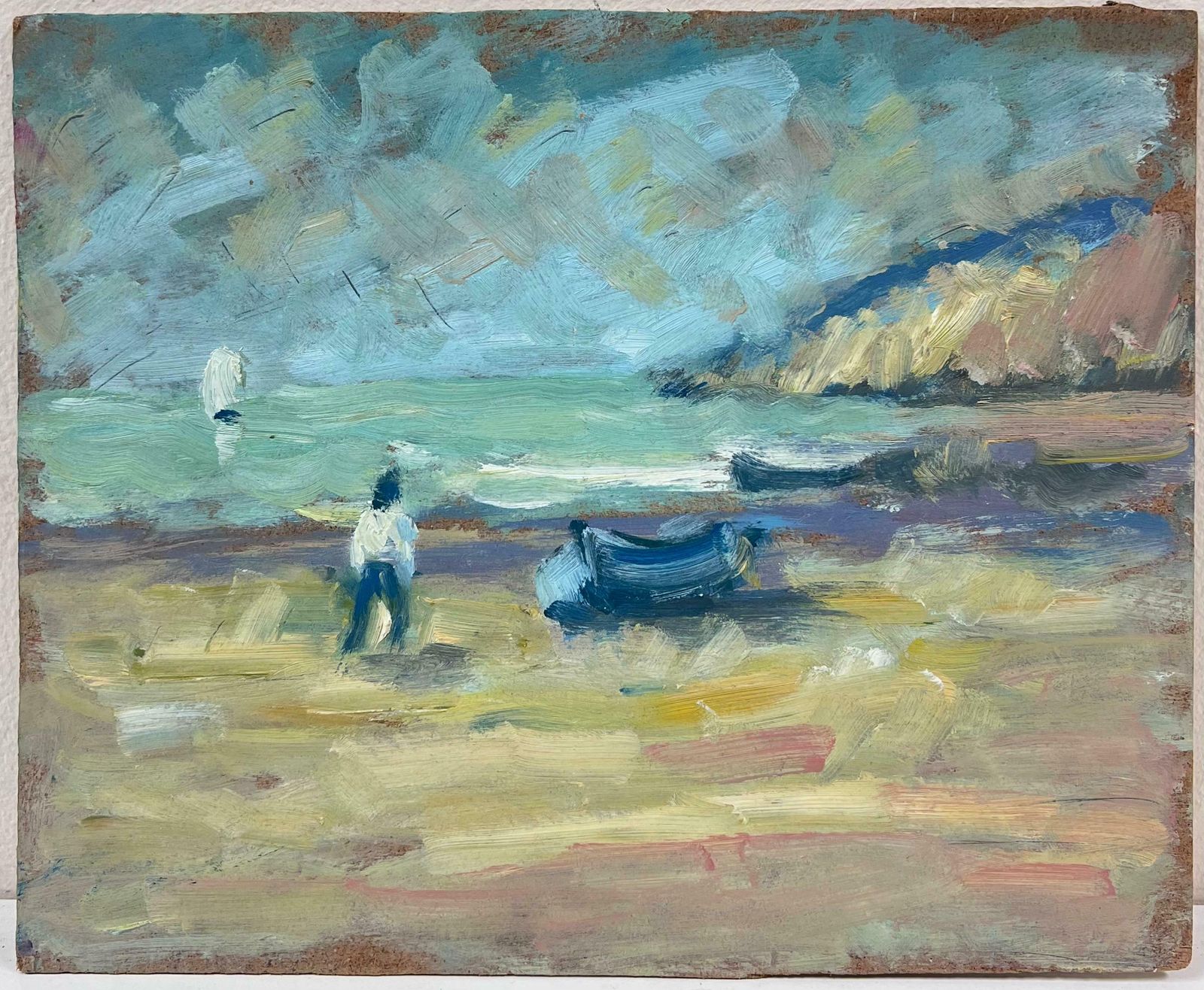 Fanch Lela Lone Figure And Boats By The Gentle Waves Of A Calm Coastline French Oil20th Century photo furniture