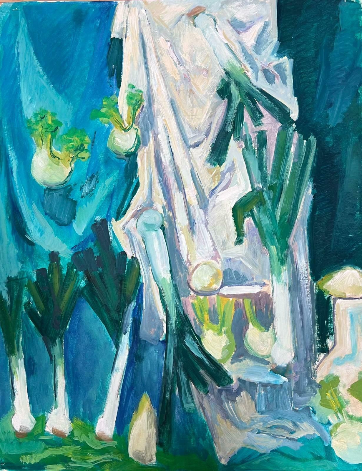 Guy Nicod French 20th Century Modernist Turquoise Still Life Spring Onions And Celeriacs