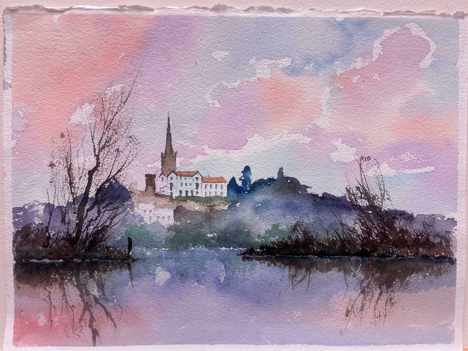 Anthony Averybritish Original Watercolor Pink And Purple Sunrise Over Church Town Reflection photo furniture