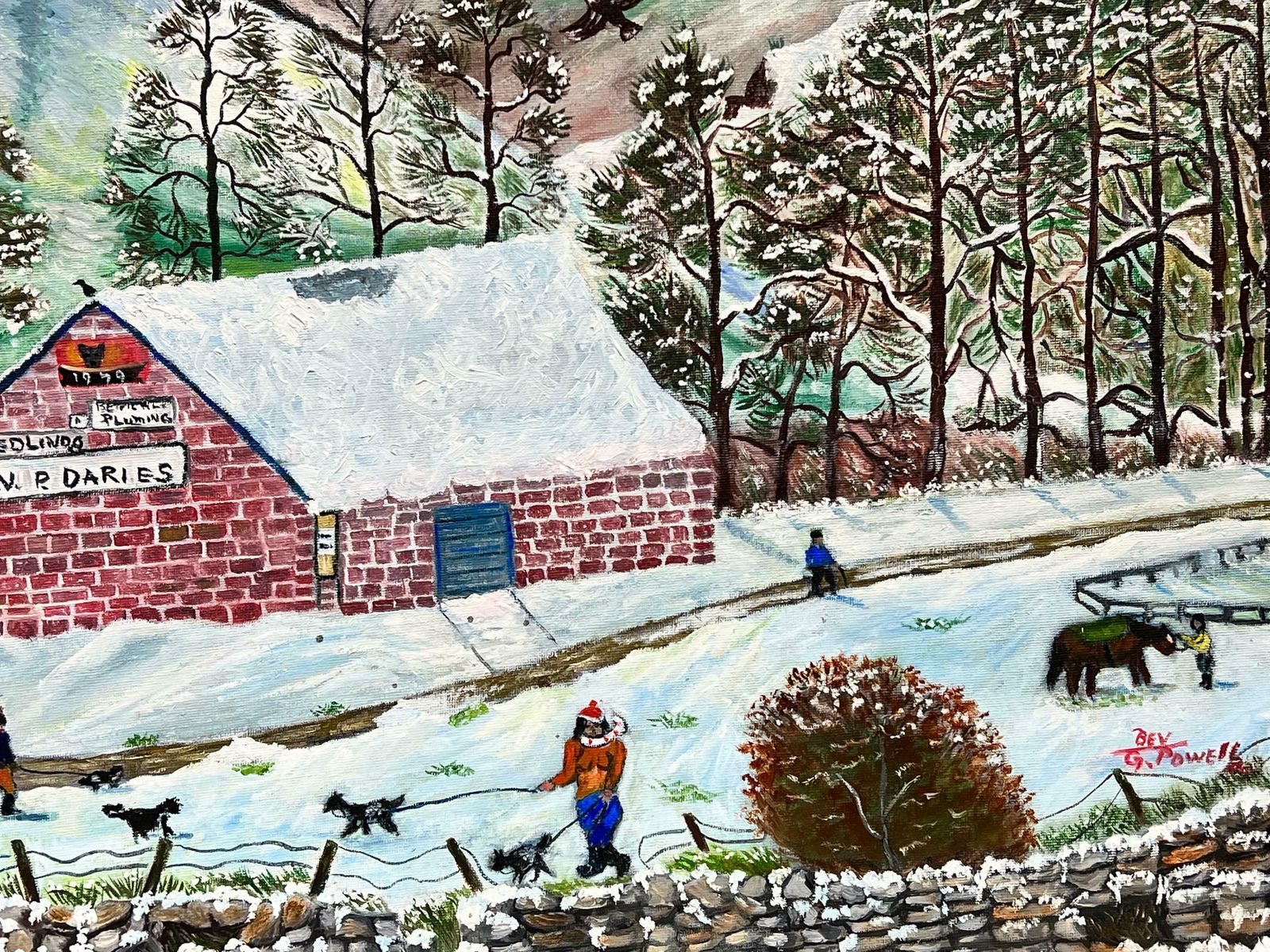 Ben Powellhuge 20th Century British Naive Welsh Oil Painting Village Life In Winter Snow photo Art
