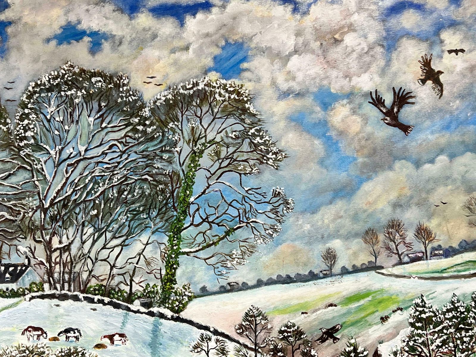 Ben Powellhuge 20th Century British Naive Welsh Oil Painting Village Life In Winter Snow photo vinterior
