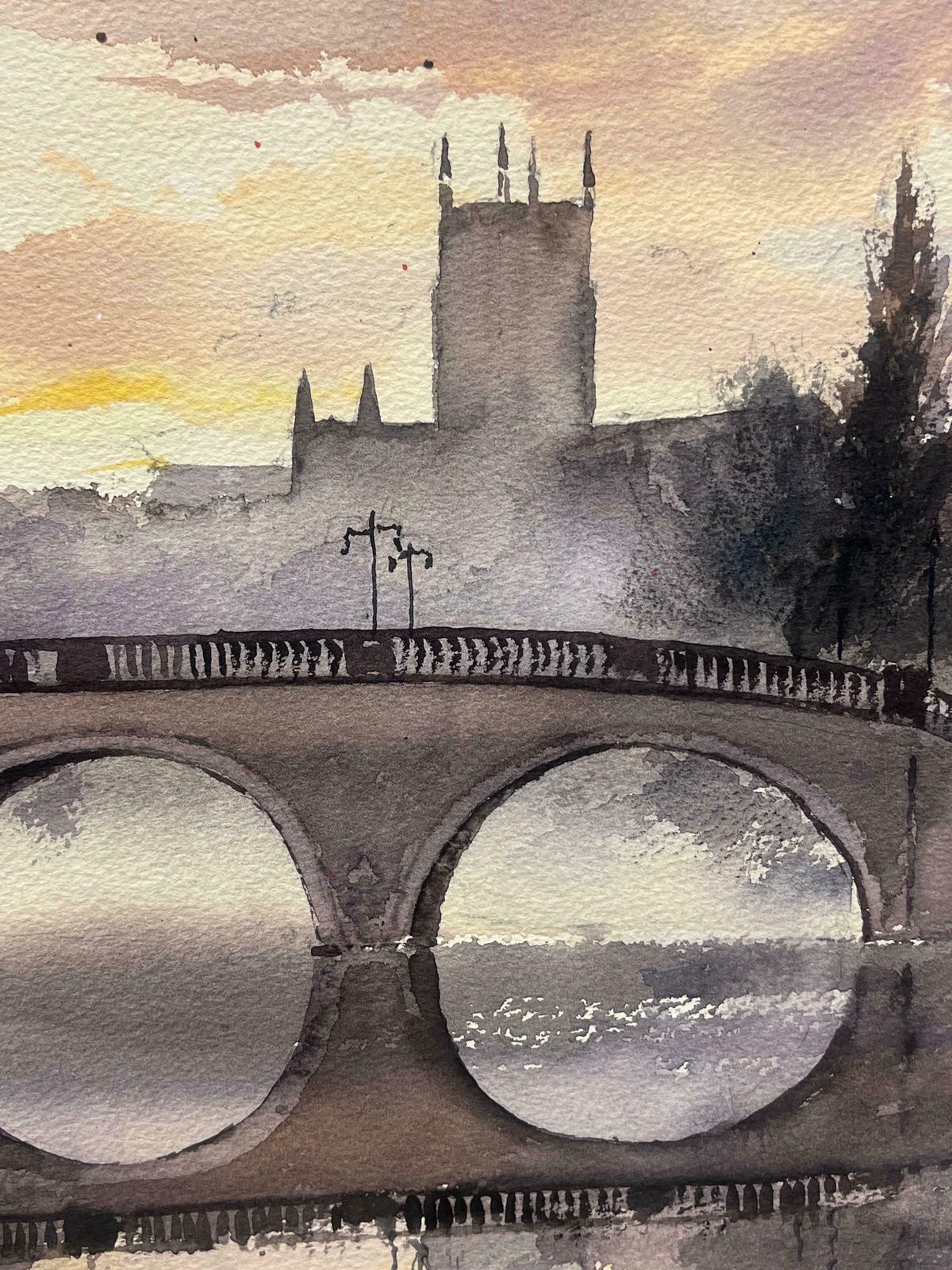 Anthony Averybritish 20thc Impressionist Watercolor Misty English River Bridge Church Spire photo Art