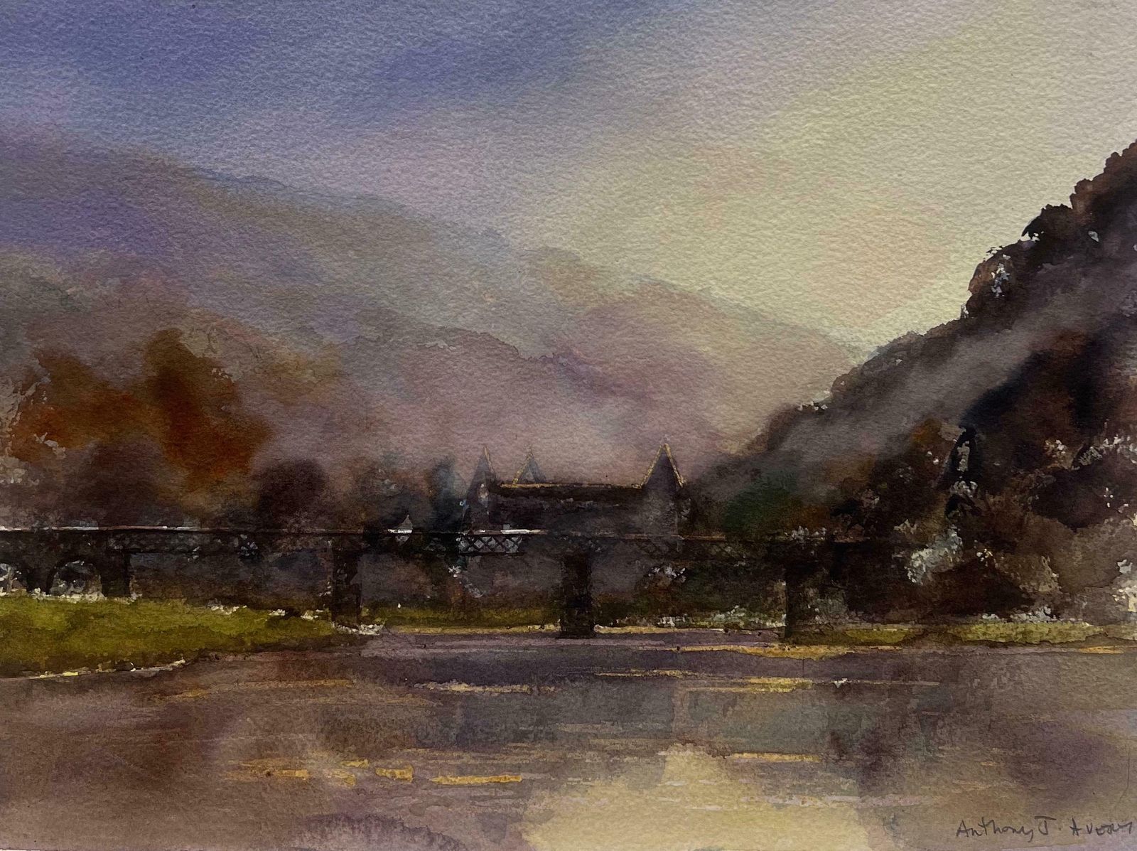 Anthony Averybritish Original Impressionist Watercolor Atmospheric River Landscape Old Bridge