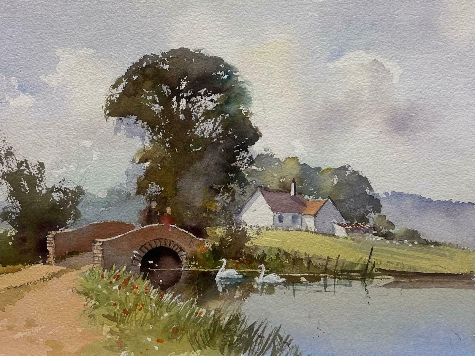 Anthony Averybritish Original Impressionist Watercolor Swans On Old English River Landscape