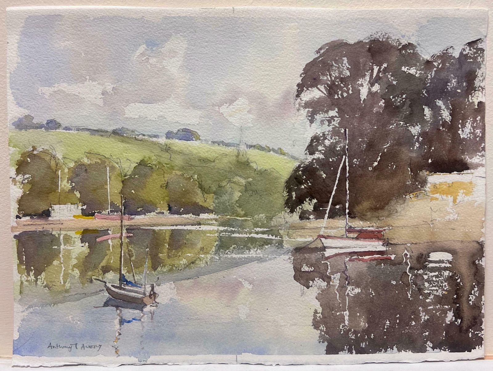 Anthony Averybritish Original Impressionist Watercolor Sailing Boats River Estuary Landscape photo furniture