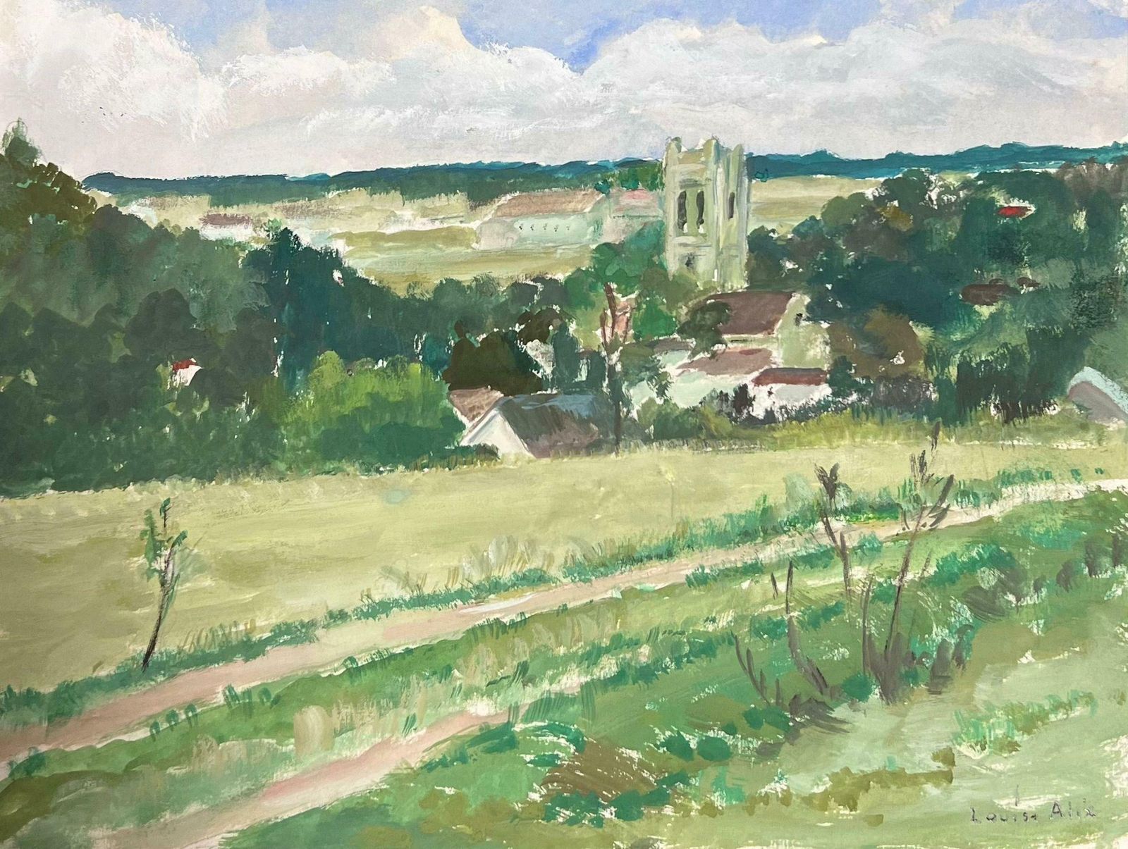 Louise Alix1930's French Small Village Church Open Green Track Field Landscape1930's photo for sale