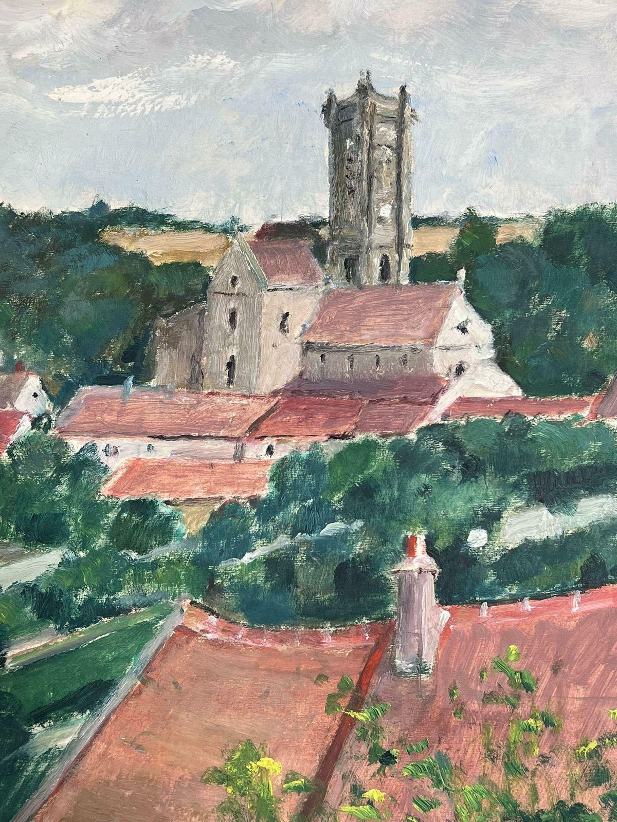 Louise Alix1930's French Impressionist Red Roof Top Village In Green Fields Landscape1930's photo for sale