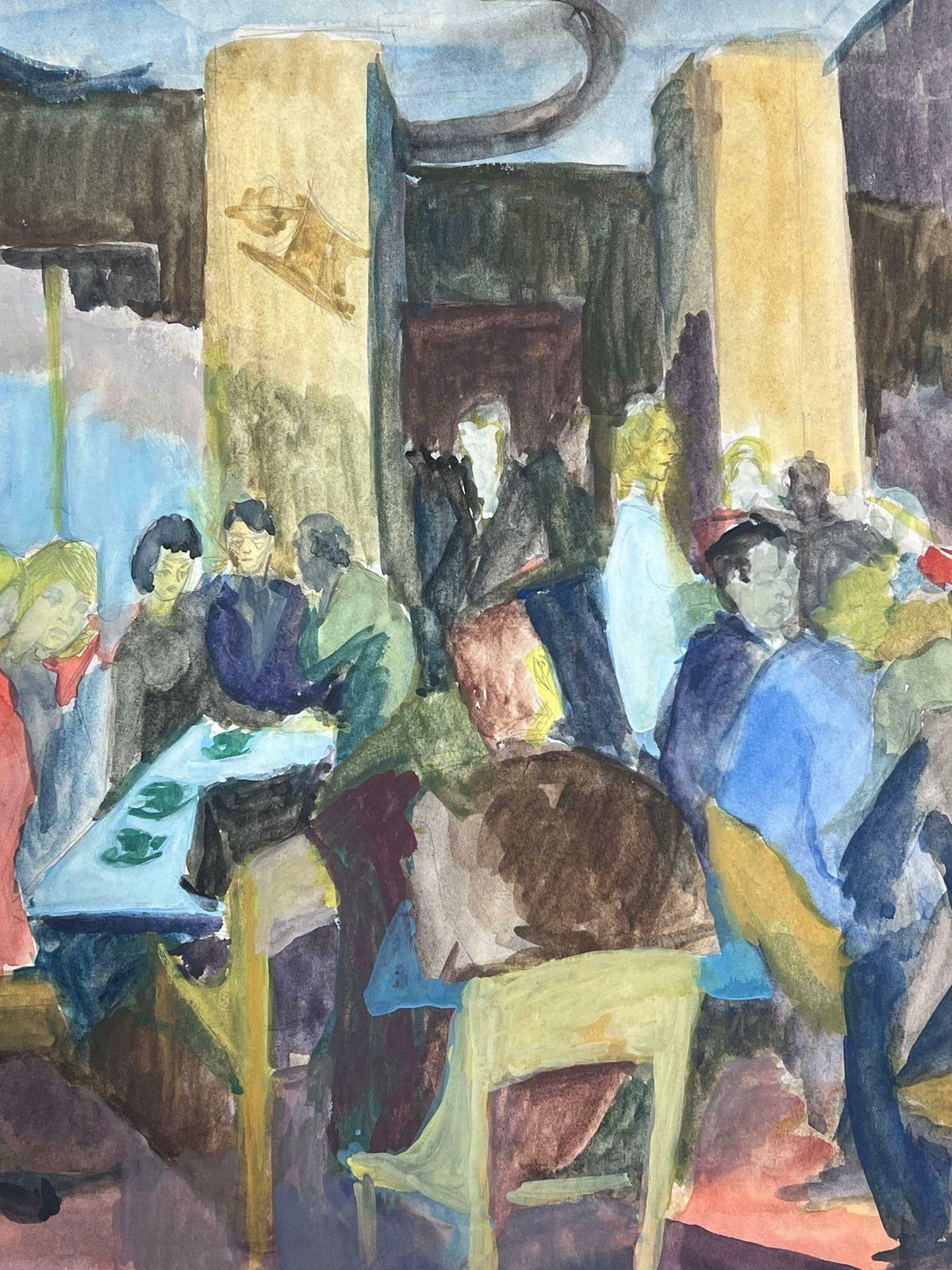 Guy Nicod 20th Century French Modernist Painting Crowded Cafe Bar Scene With Figures photo 775.0