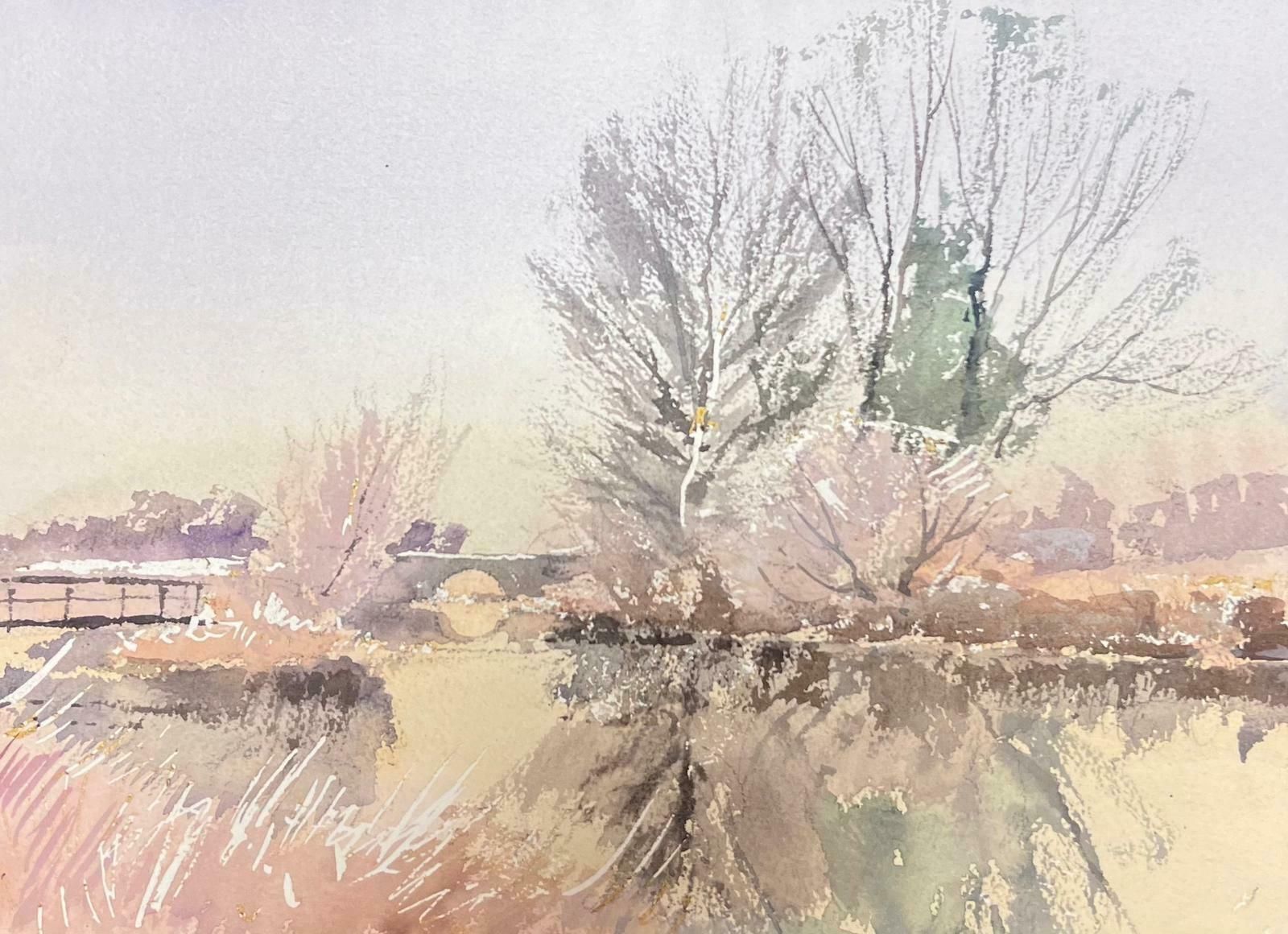 Anthony Averybritish Original Impressionist Watercolor White Frozen River Icy Winter Scene