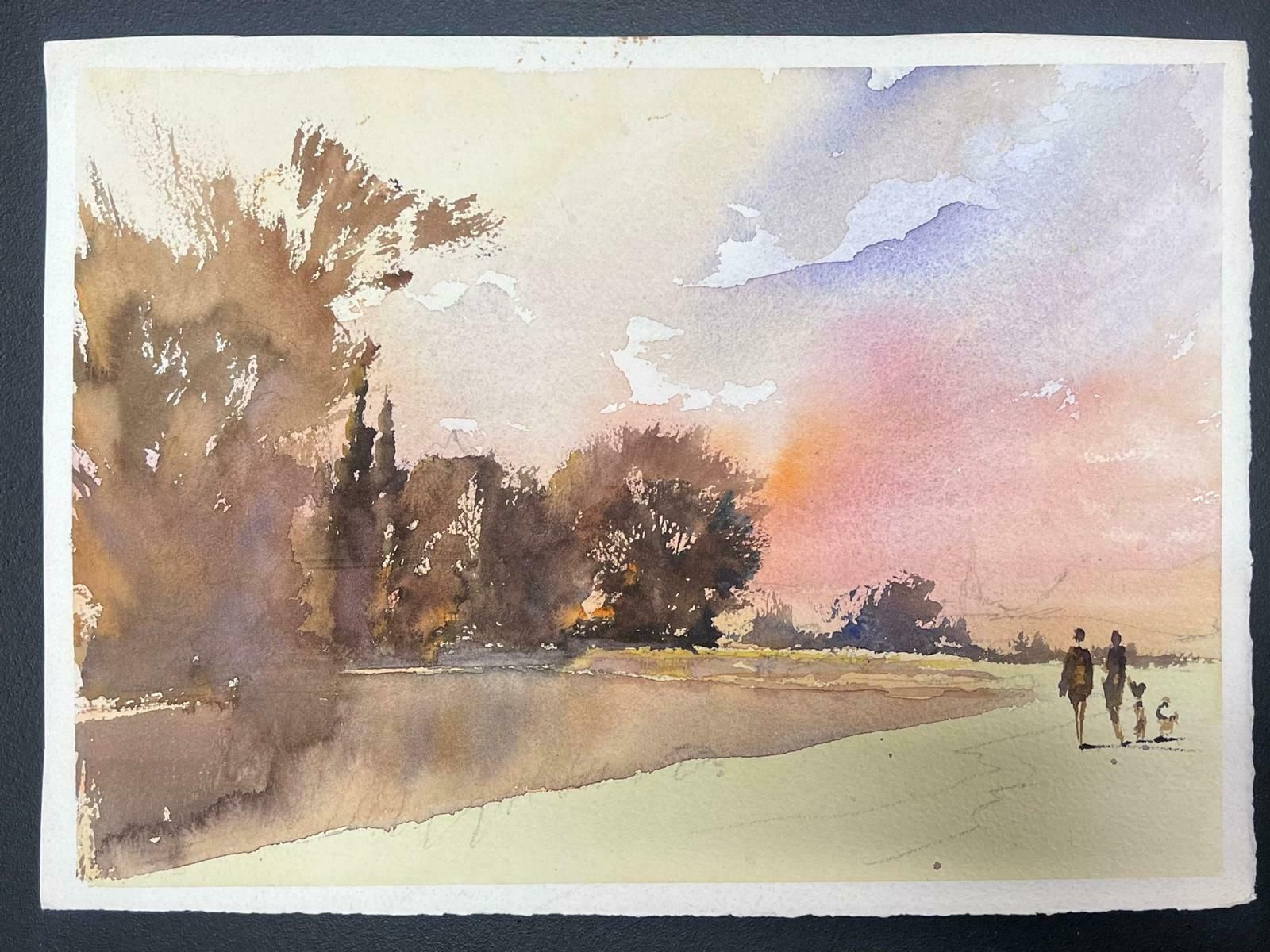 Anthony Averyfine British Original Impressionist Watercolor Family Walking At Dusk photo furniture
