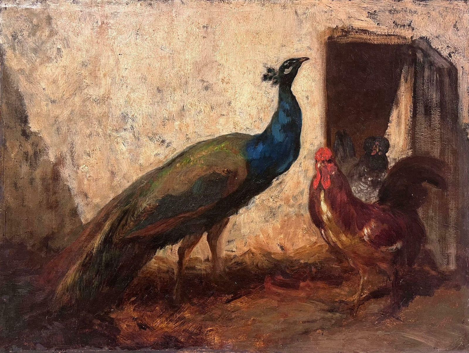 French Schoolfine 19th Century French Oil Painting Peacock & Cockerill Chickens In Yard