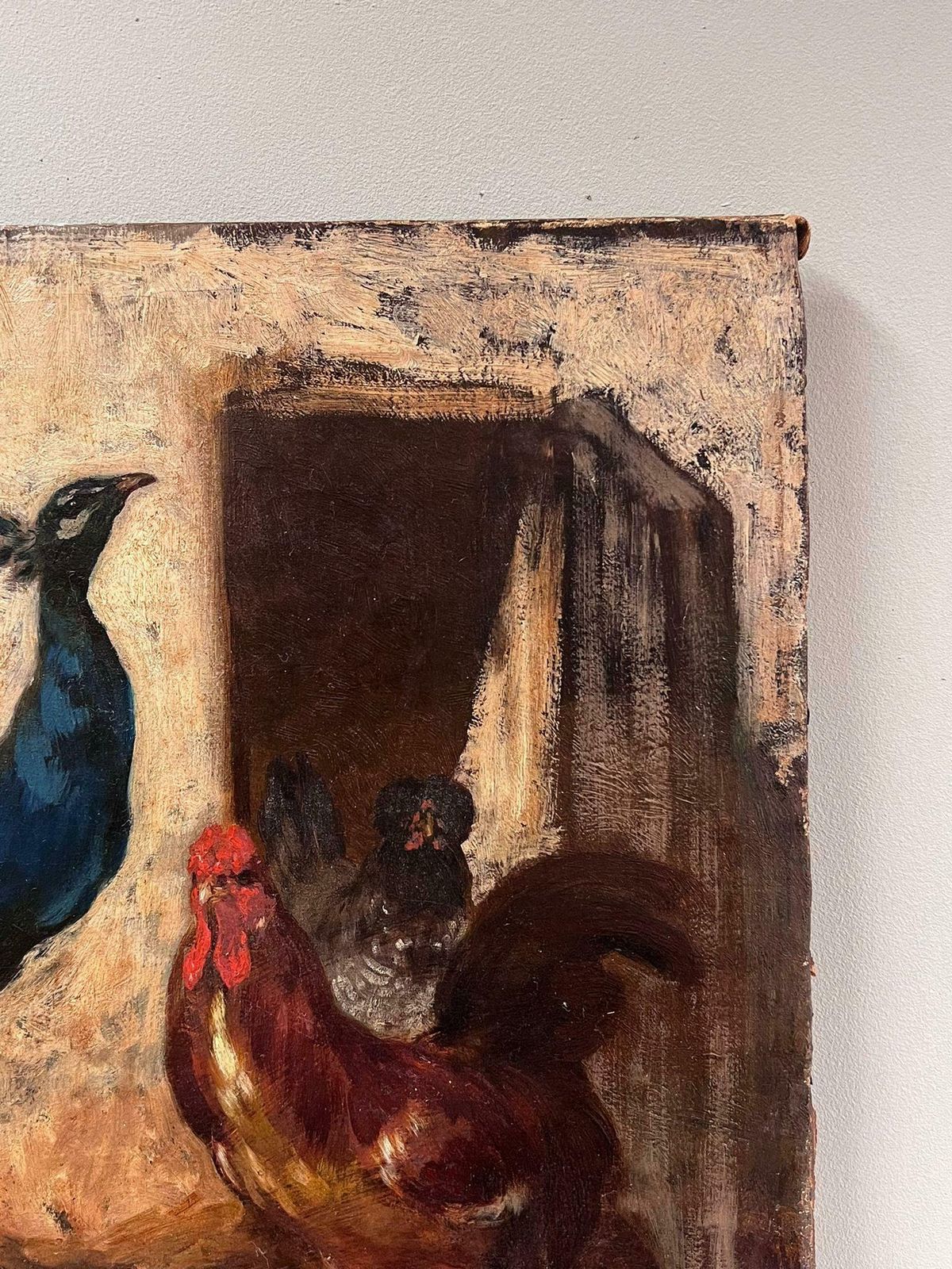 French Schoolfine 19th Century French Oil Painting Peacock & Cockerill Chickens In Yard photo 1125.0