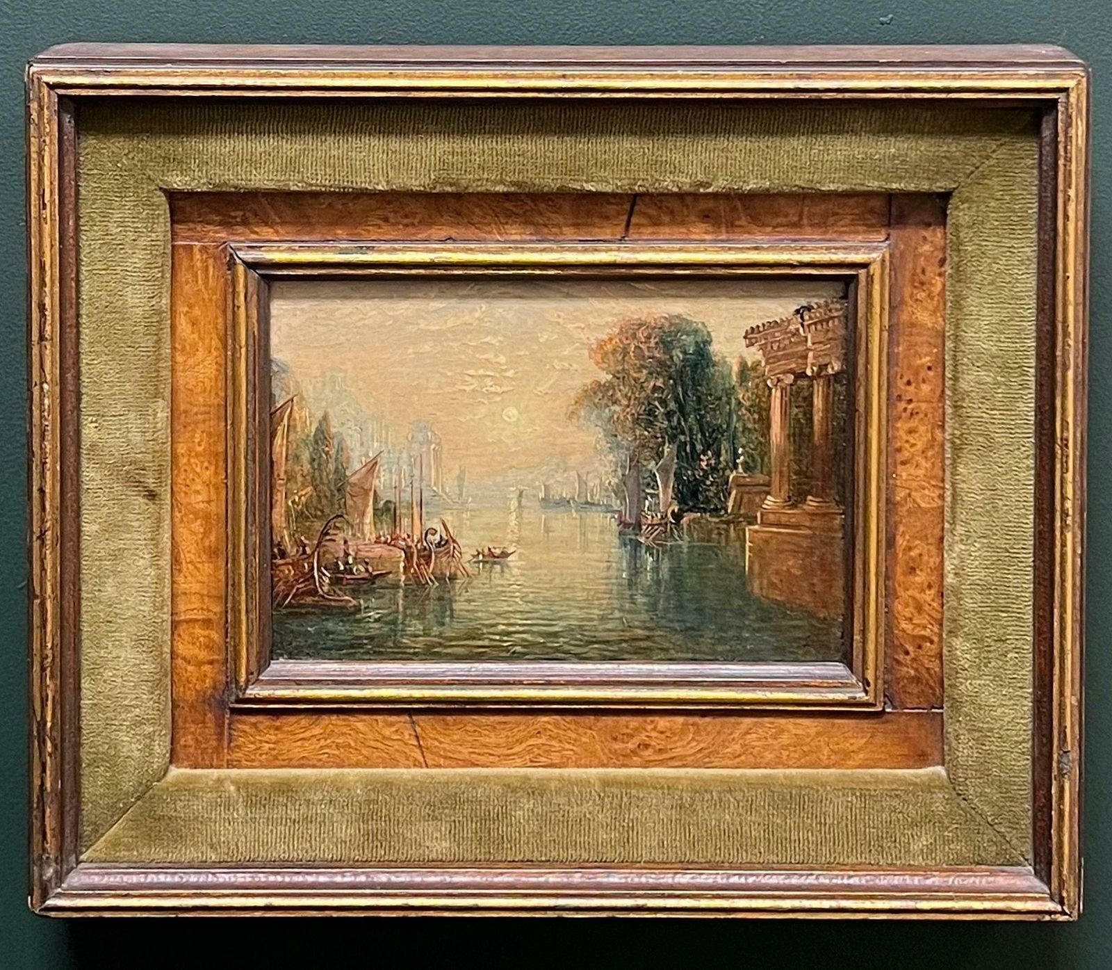 Fine Early 19th Century Classical Italian Oil Capriccio Lake Landscape Old Ruins