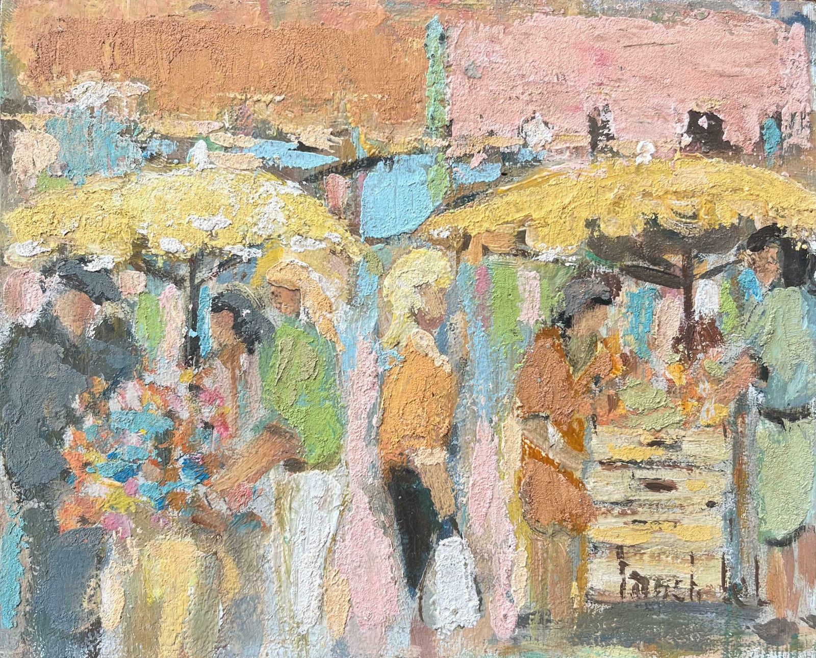 Fanch Lelfrench Oil Painting Of Market Scene In Impressionist Style With Flower Sellers20th Century