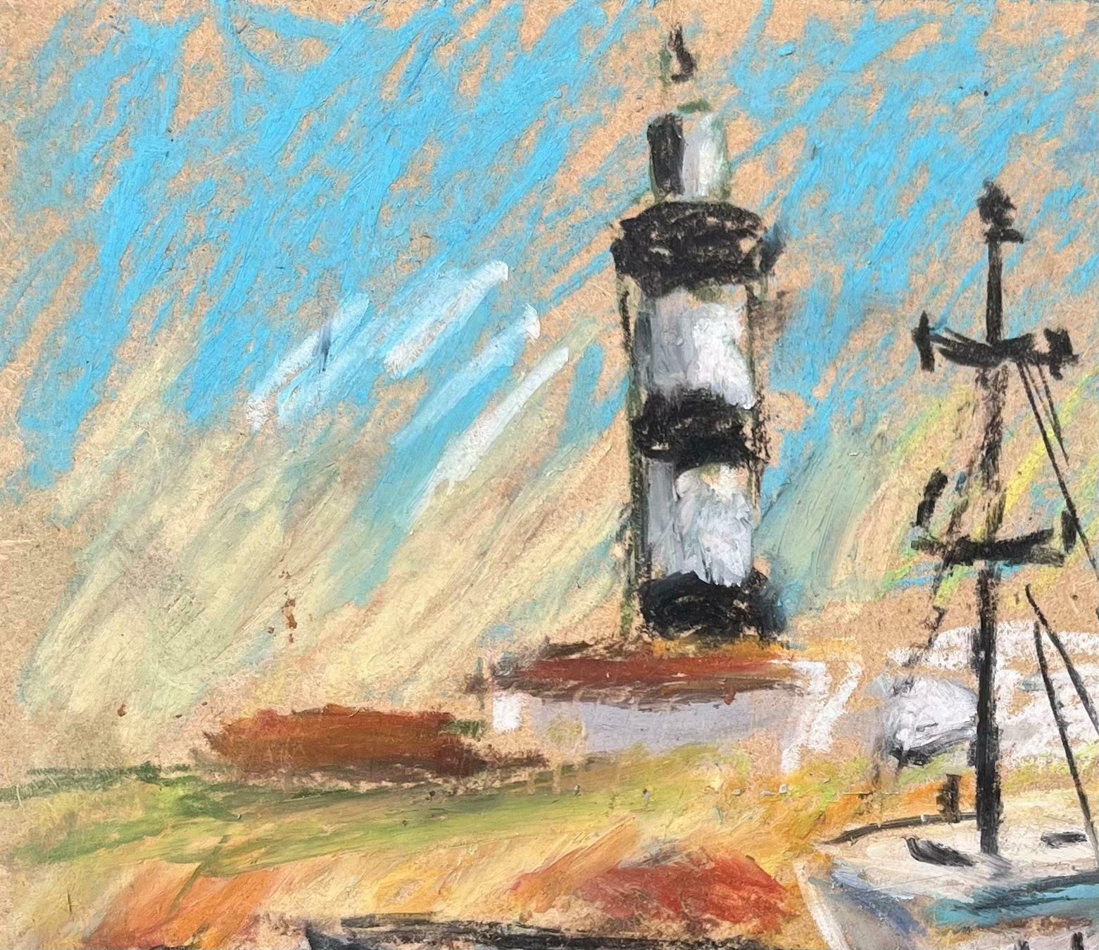 Fanch Lelfrench Coastal Scene With Fishing Boat And Lighthouse In Pastel20th Century photo furniture