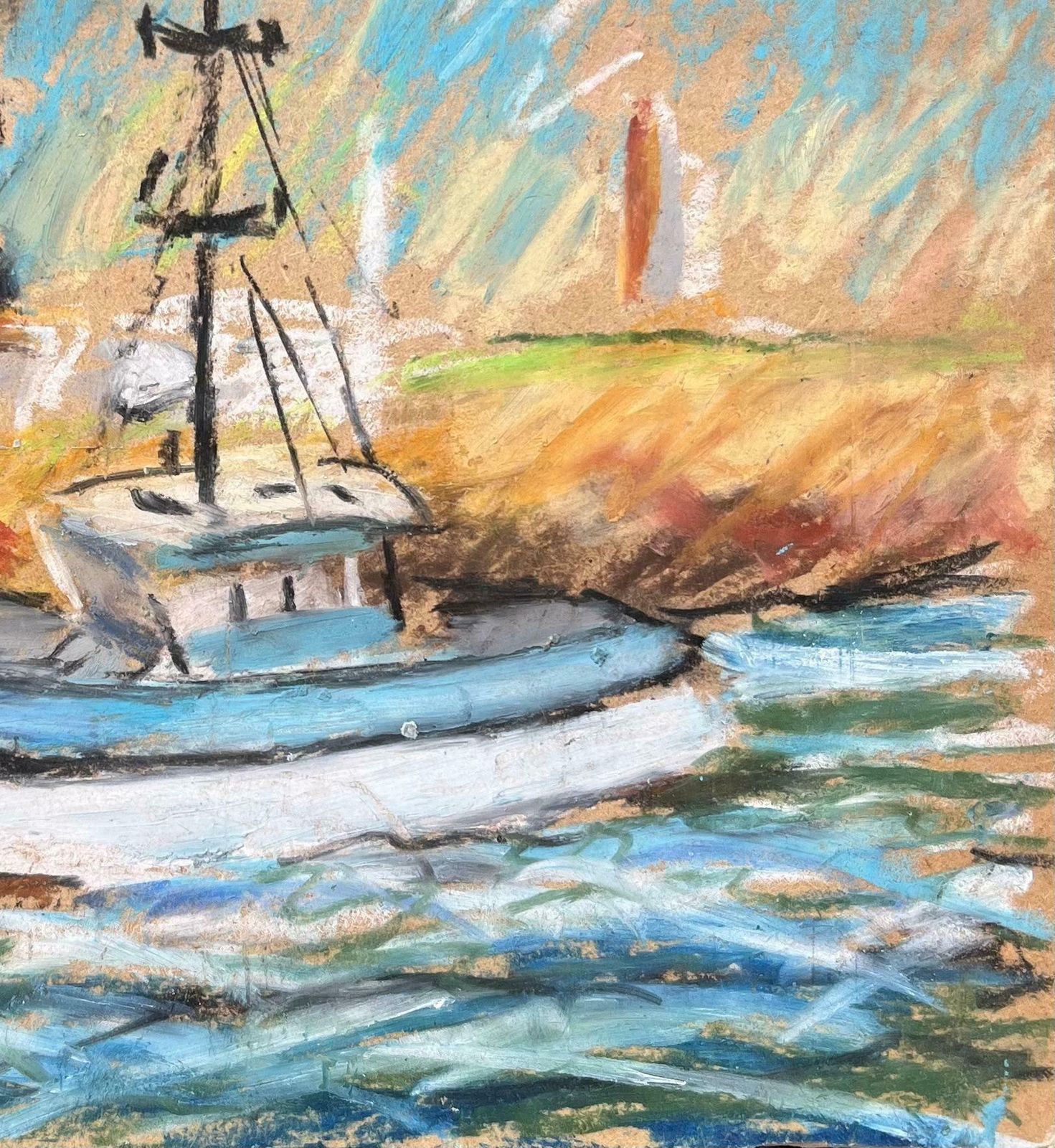 Fanch Lelfrench Coastal Scene With Fishing Boat And Lighthouse In Pastel20th Century photo 480.0