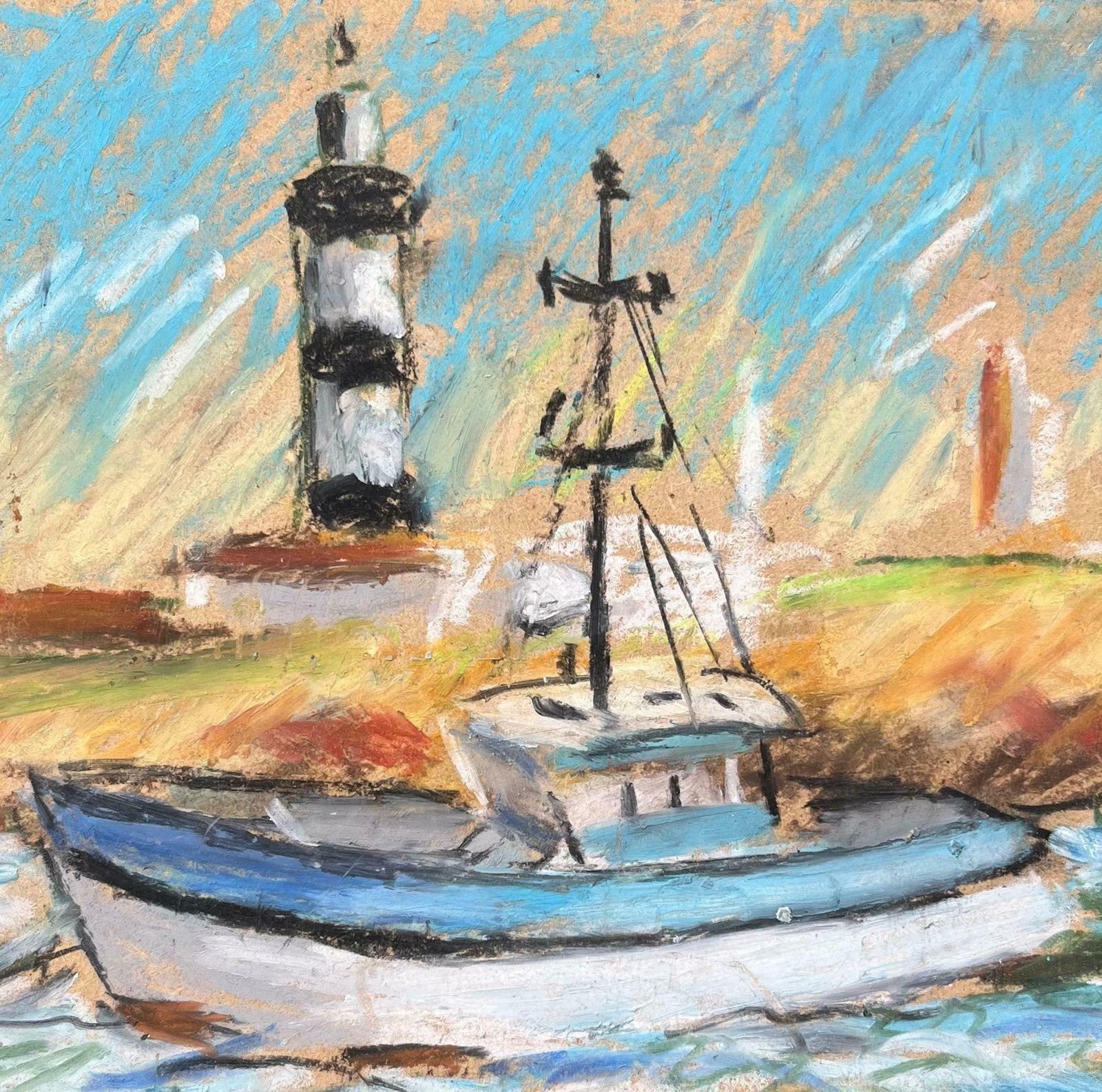 Fanch Lelfrench Coastal Scene With Fishing Boat And Lighthouse In Pastel20th Century photo buy