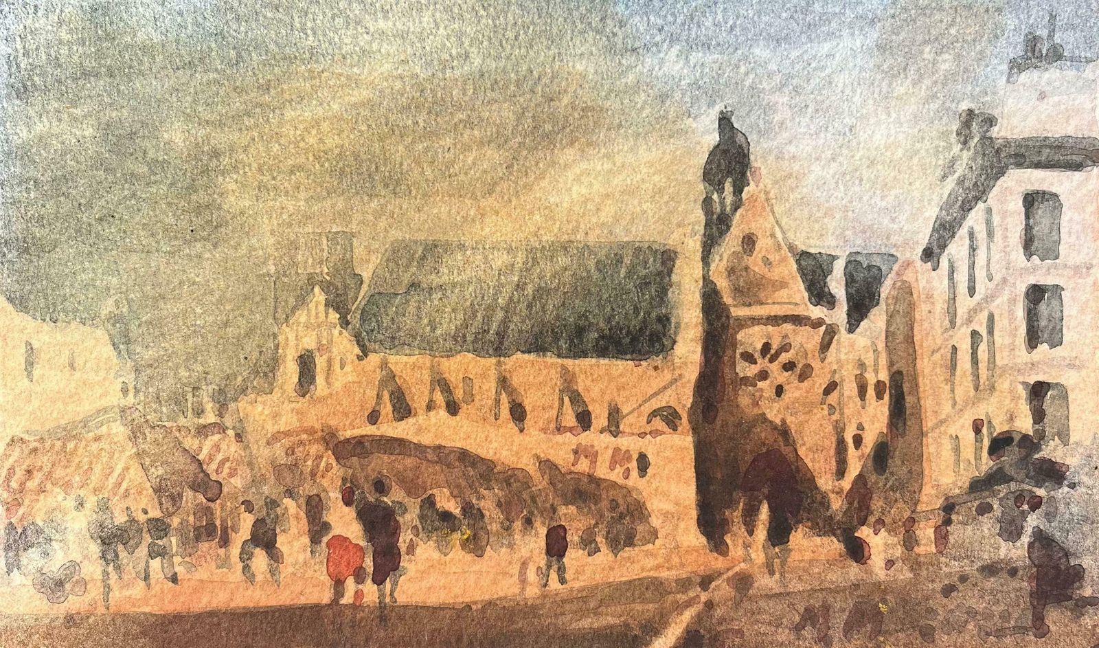Maurice Mazeiliefrench Impressionist Watercolor Of A Bustling Market Scene With Gothic Church20th Century