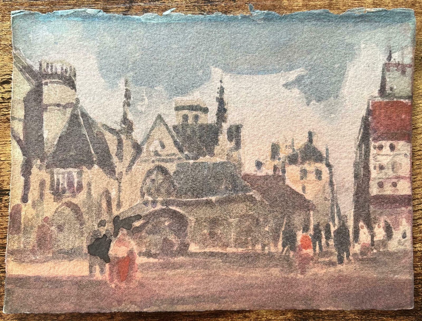 Maurice Mazeiliefrench Impressionist Watercolor Of Bustling Town Square With Gothic Architecture20th Century photo furniture