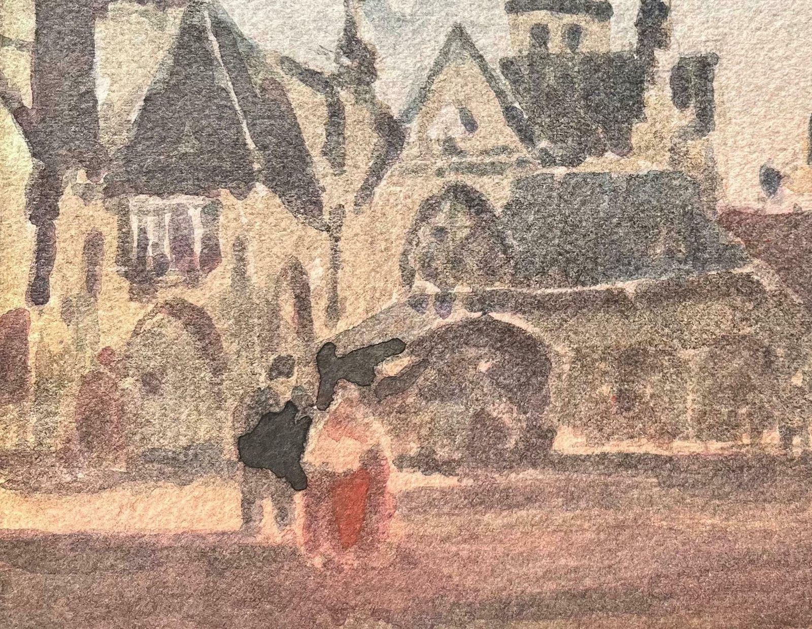 Maurice Mazeiliefrench Impressionist Watercolor Of Bustling Town Square With Gothic Architecture20th Century photo for sale