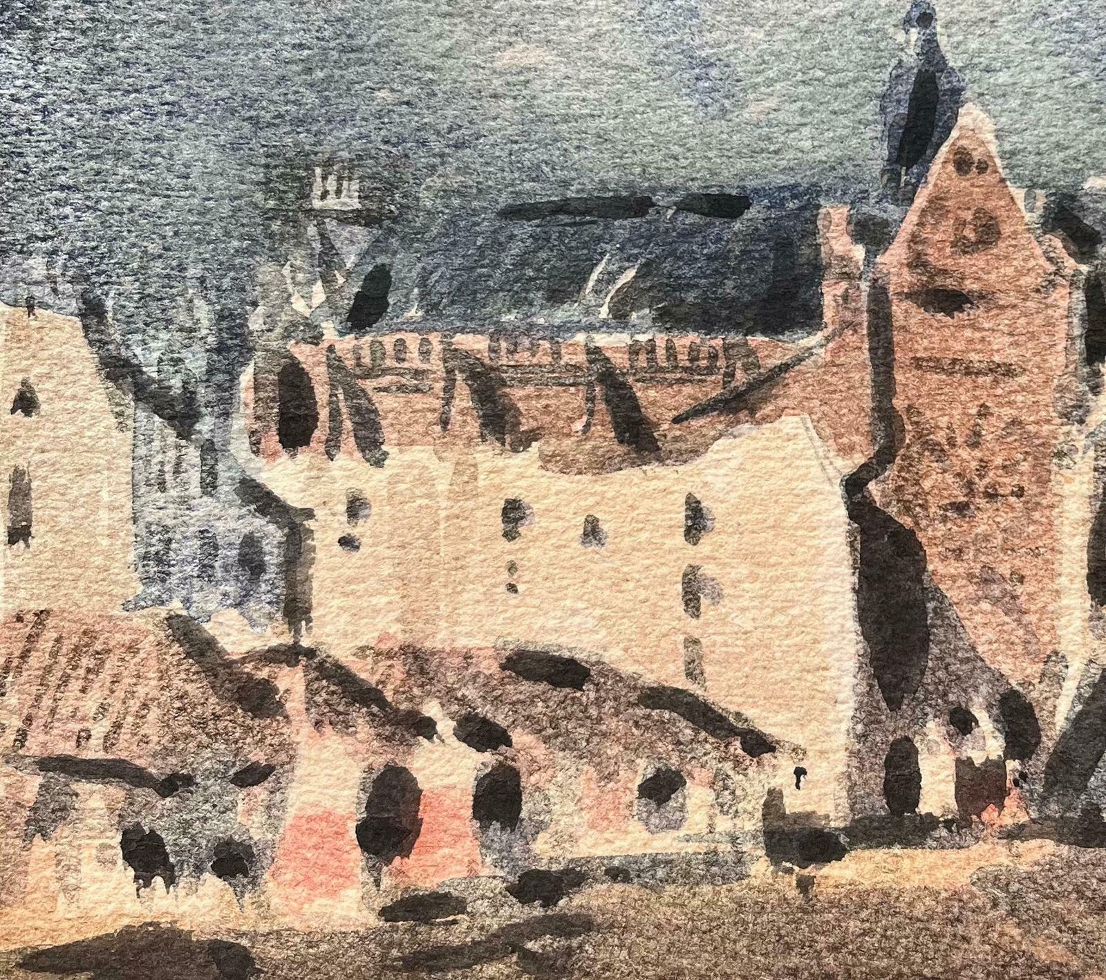 Maurice Mazeiliefrench Impressionist Watercolor Of A Gothic Church And Town Square20th Century photo furniture