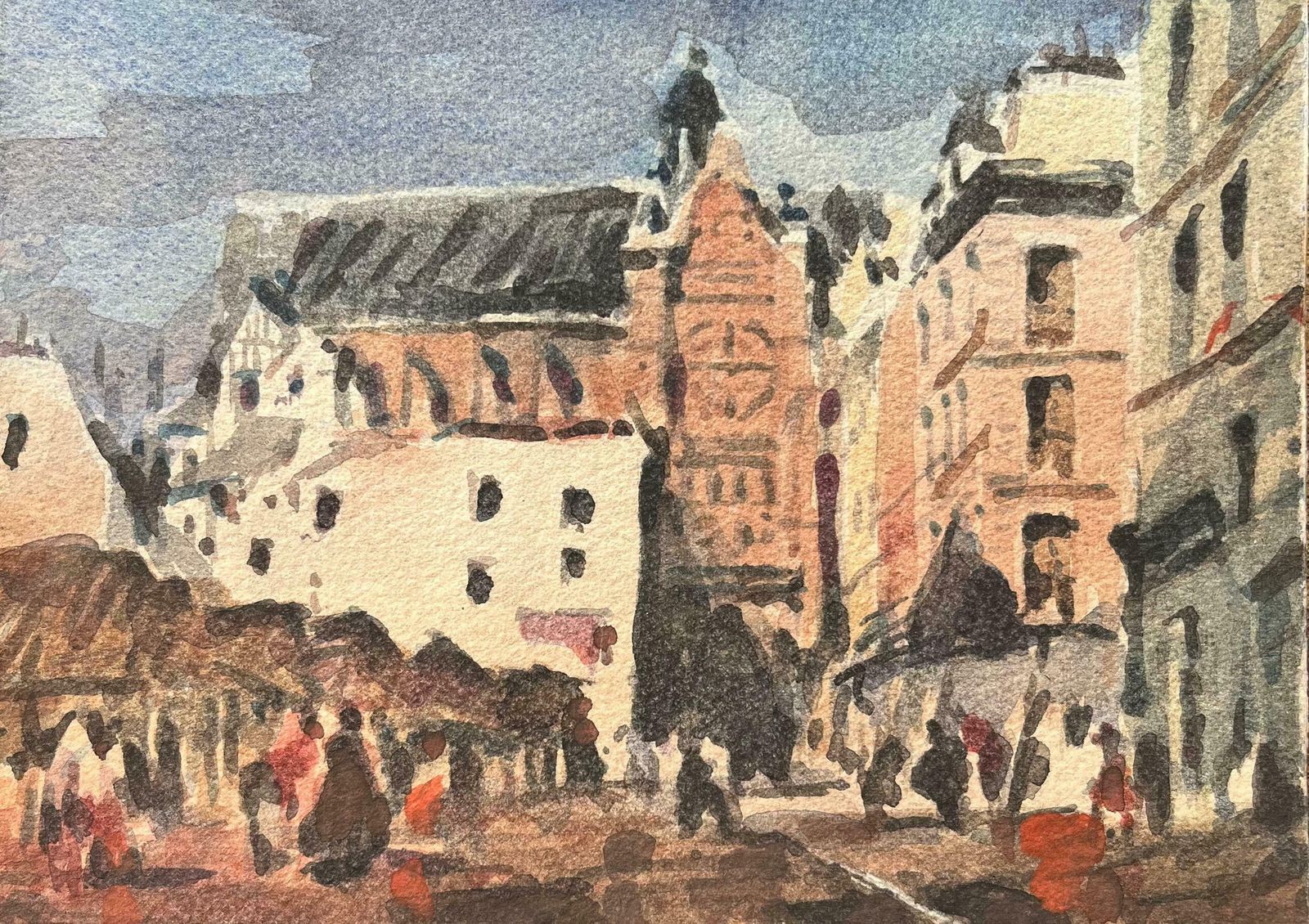 Maurice Mazeiliefrench Impressionist Watercolor Of A Bustling Market Square With Gothic Church20th Century