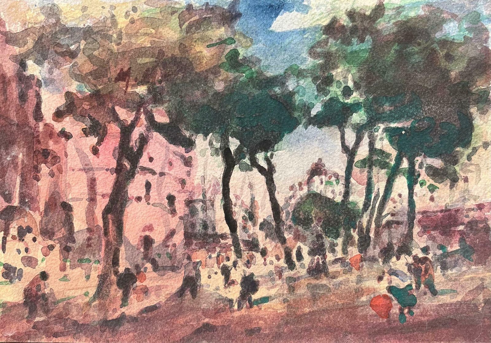 Maurice Mazeiliefrench Impressionist Watercolor Of A Tree Lined Street In A Bustling City20th Century