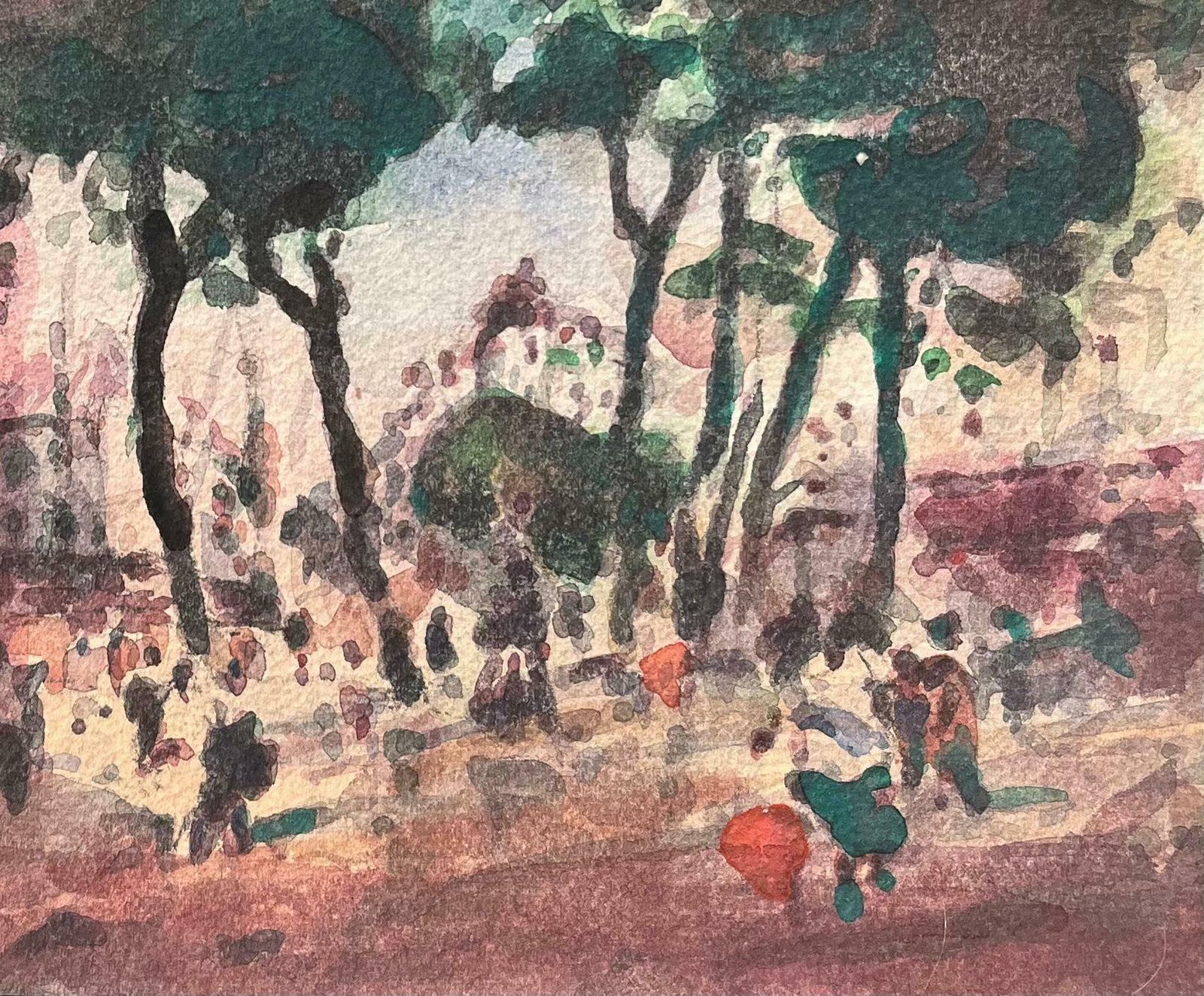 Maurice Mazeiliefrench Impressionist Watercolor Of A Tree Lined Street In A Bustling City20th Century photo for sale