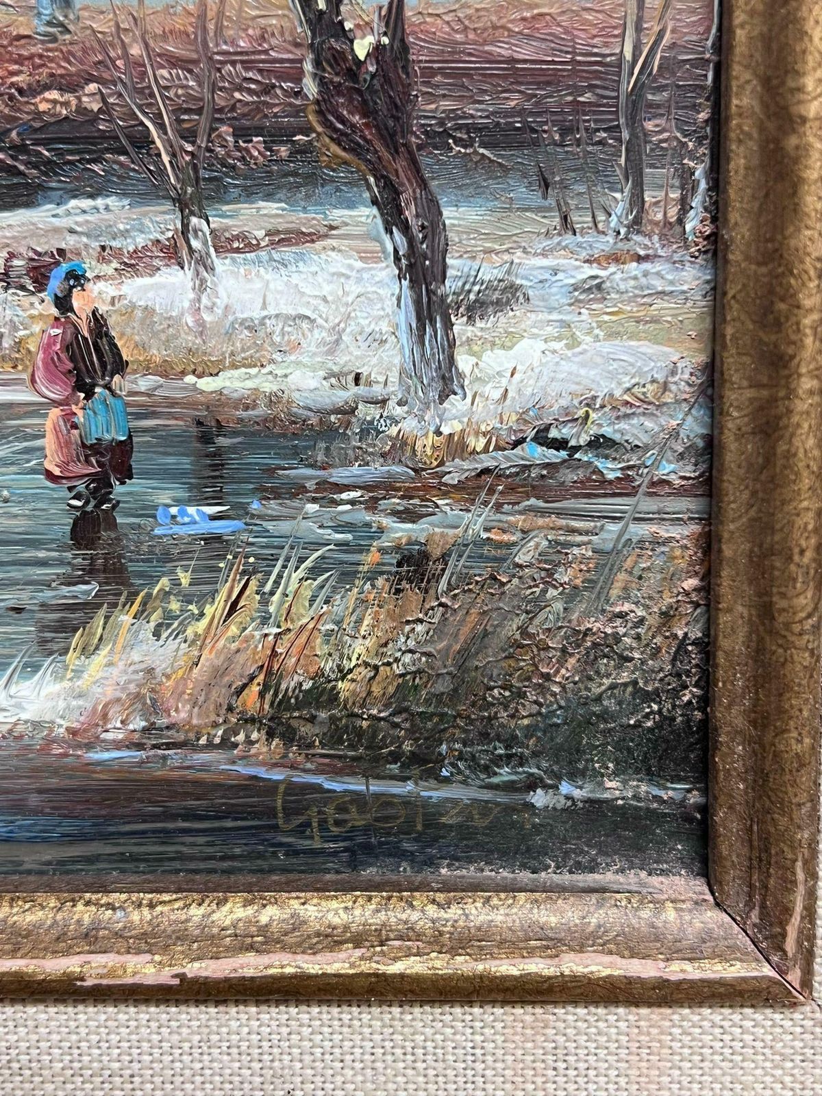 Johnny Gastonfine Dutch Winter Ice Landscape Figures Playing Ice Signed Oil Gilt Swept Frame photo Art