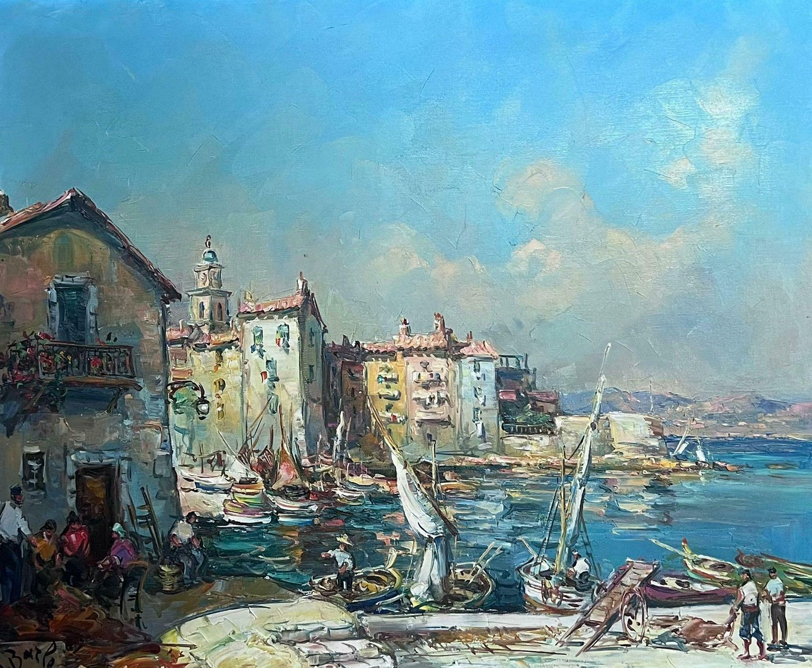 French Schoolst Tropez Harbour Fishermen Tending Nets & Catch Signed Mid 20th Century Oil photo furniture