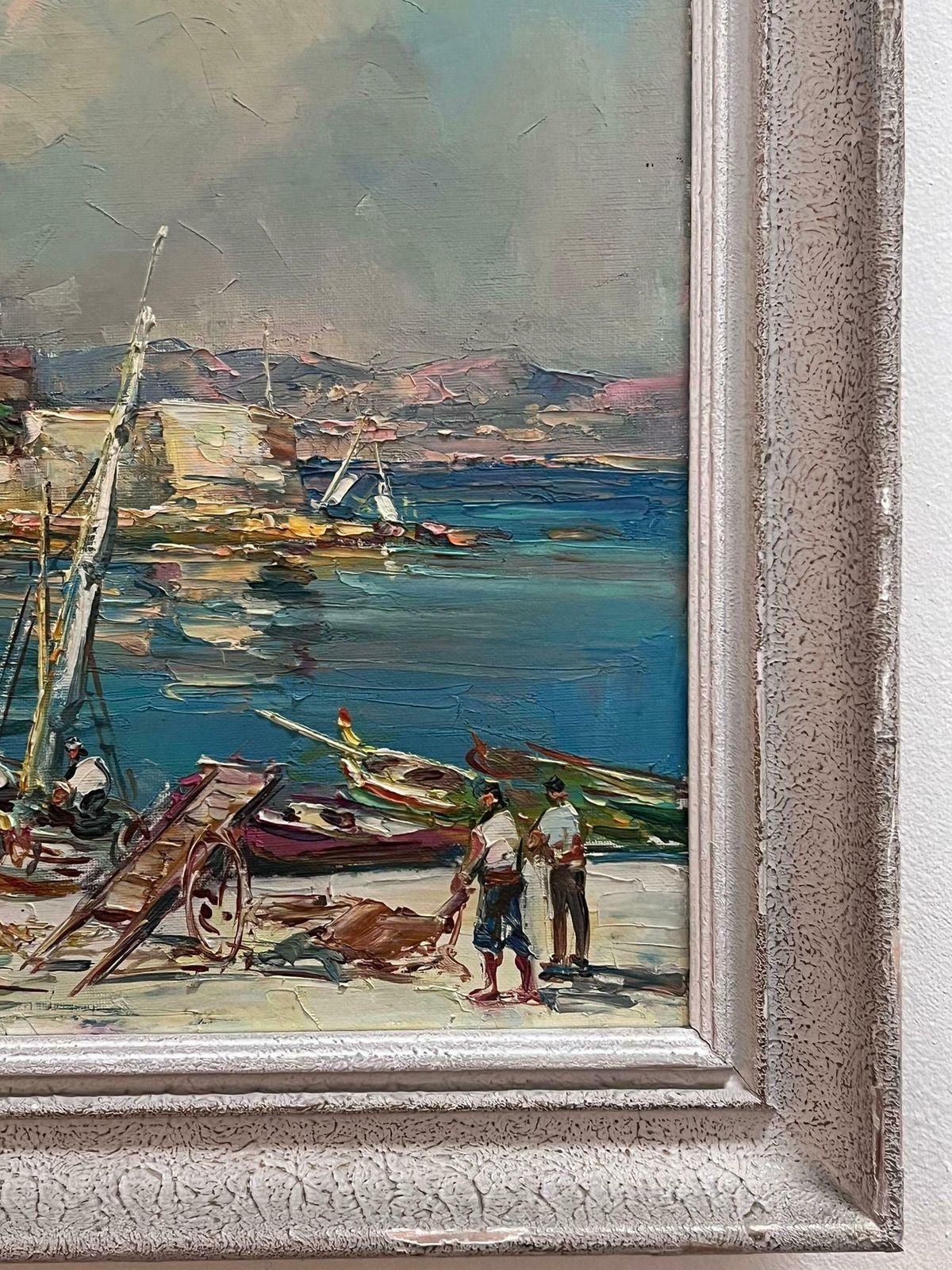 French Schoolst Tropez Harbour Fishermen Tending Nets & Catch Signed Mid 20th Century Oil photo Art