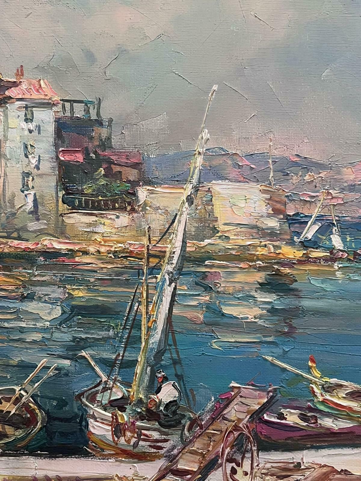 French Schoolst Tropez Harbour Fishermen Tending Nets & Catch Signed Mid 20th Century Oil photo buy