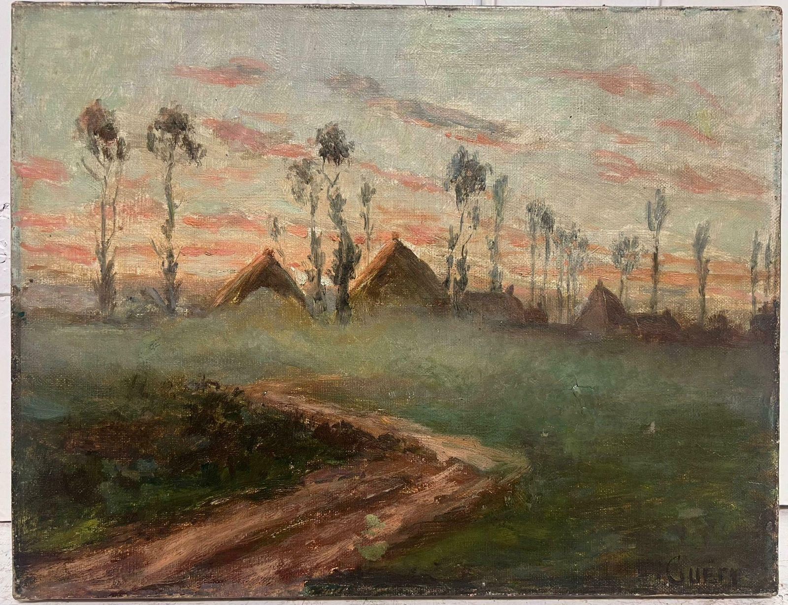 French Impressionistantique French Impressionist Signed Oil Painting Haystacks At Sunset In Field photo for sale