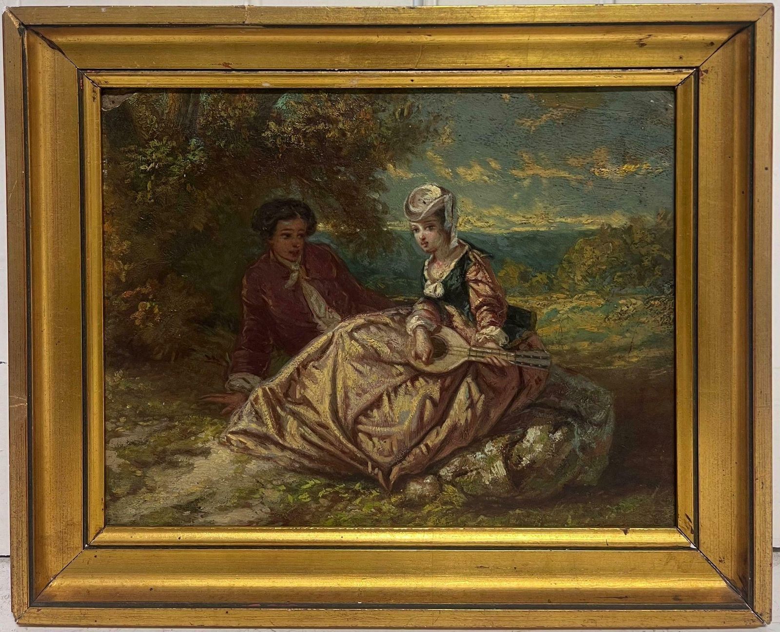 French Rocococourting Couple With Musical Instrument Antique French Rococo Period Oil