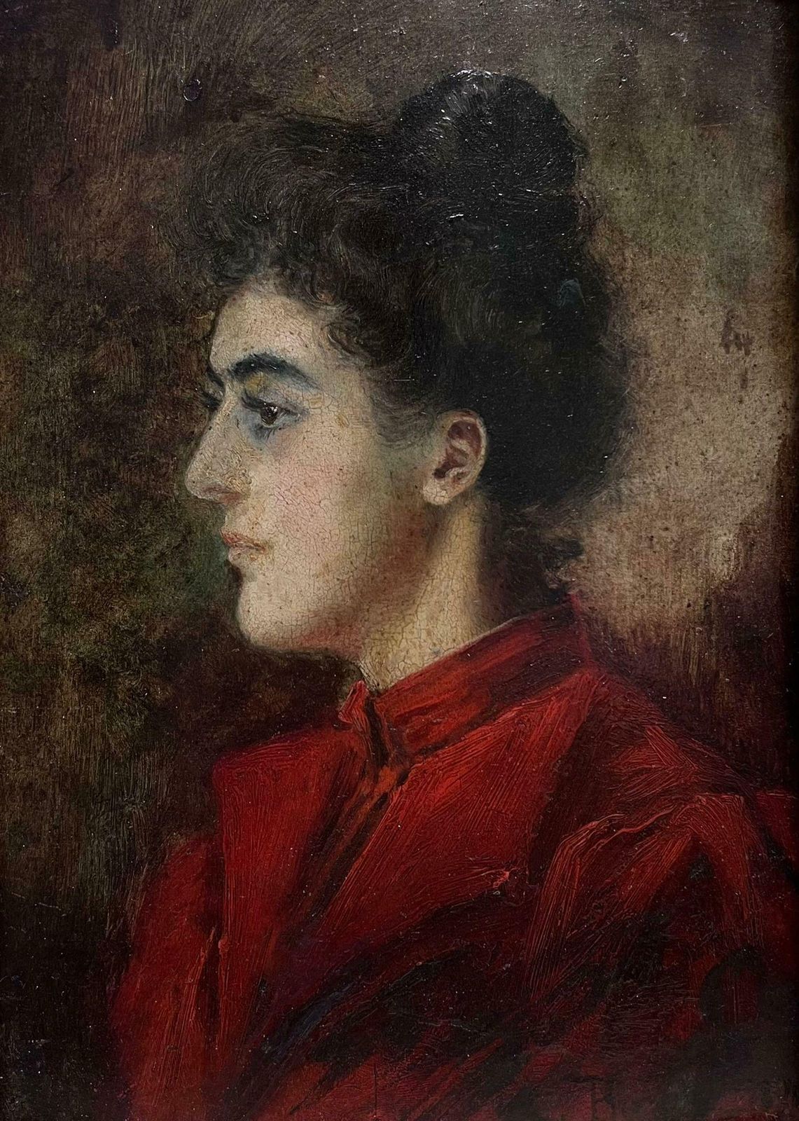 French 19th Century Oil Beautiful 19th Century French Oil Painting On Panel Portrait Lady In Red photo furniture