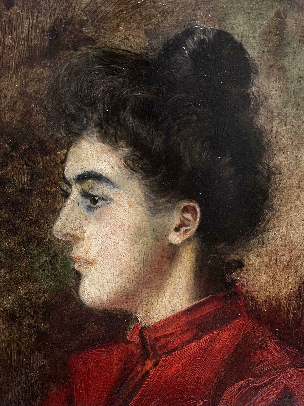 French 19th Century Oil Beautiful 19th Century French Oil Painting On Panel Portrait Lady In Red photo vinterior