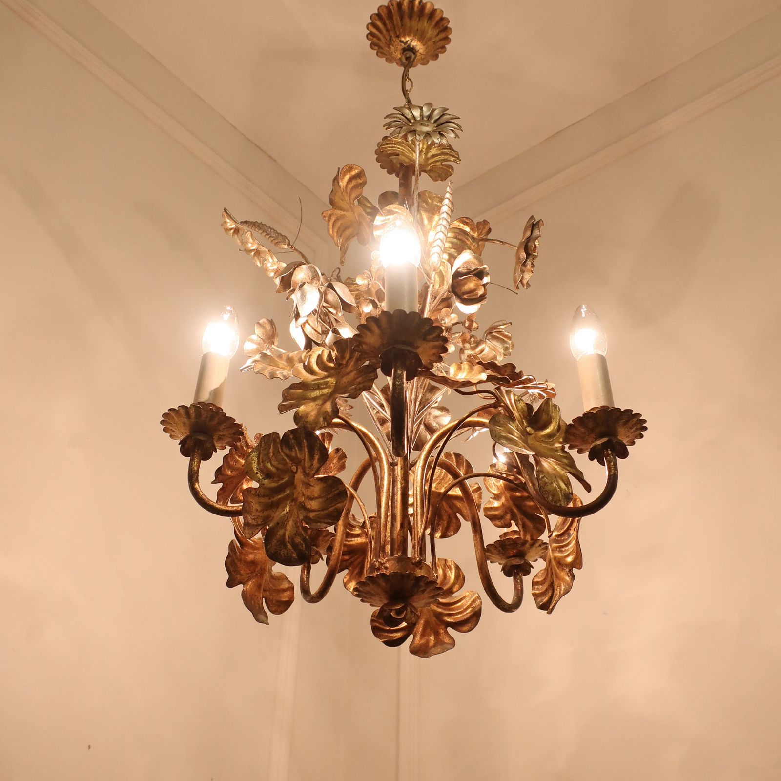 Hollywood Regency Italian Mid Century Gilt And Silver Gilt Metal Floral Chandelier photo furniture