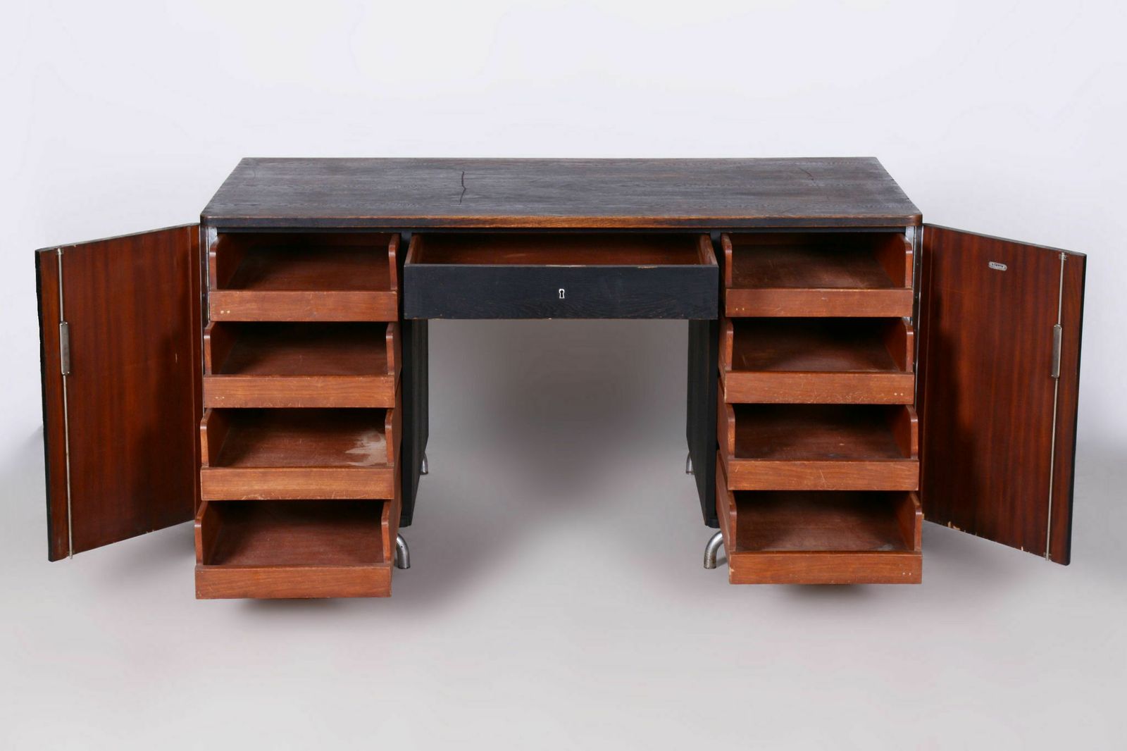 Restored Art Deco Writing Desk, By Robert Slezak, Oak, Chrome, Czech, 1930s photo for sale