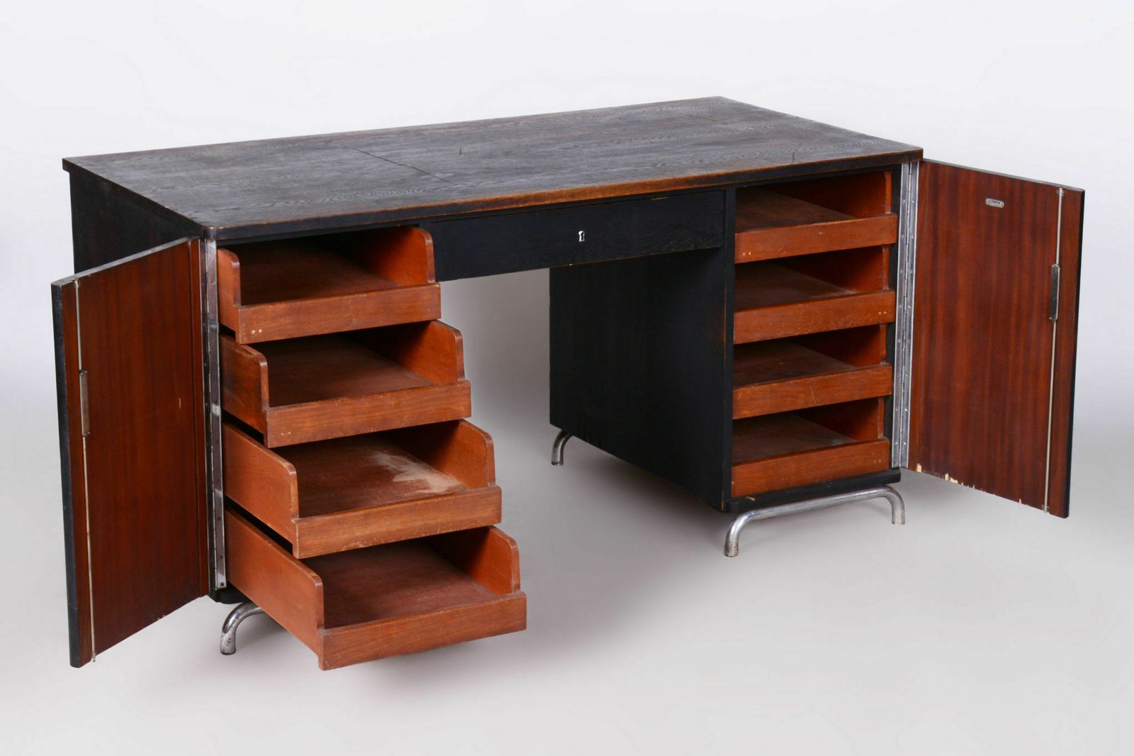 Restored Art Deco Writing Desk, By Robert Slezak, Oak, Chrome, Czech, 1930s photo 3450.0