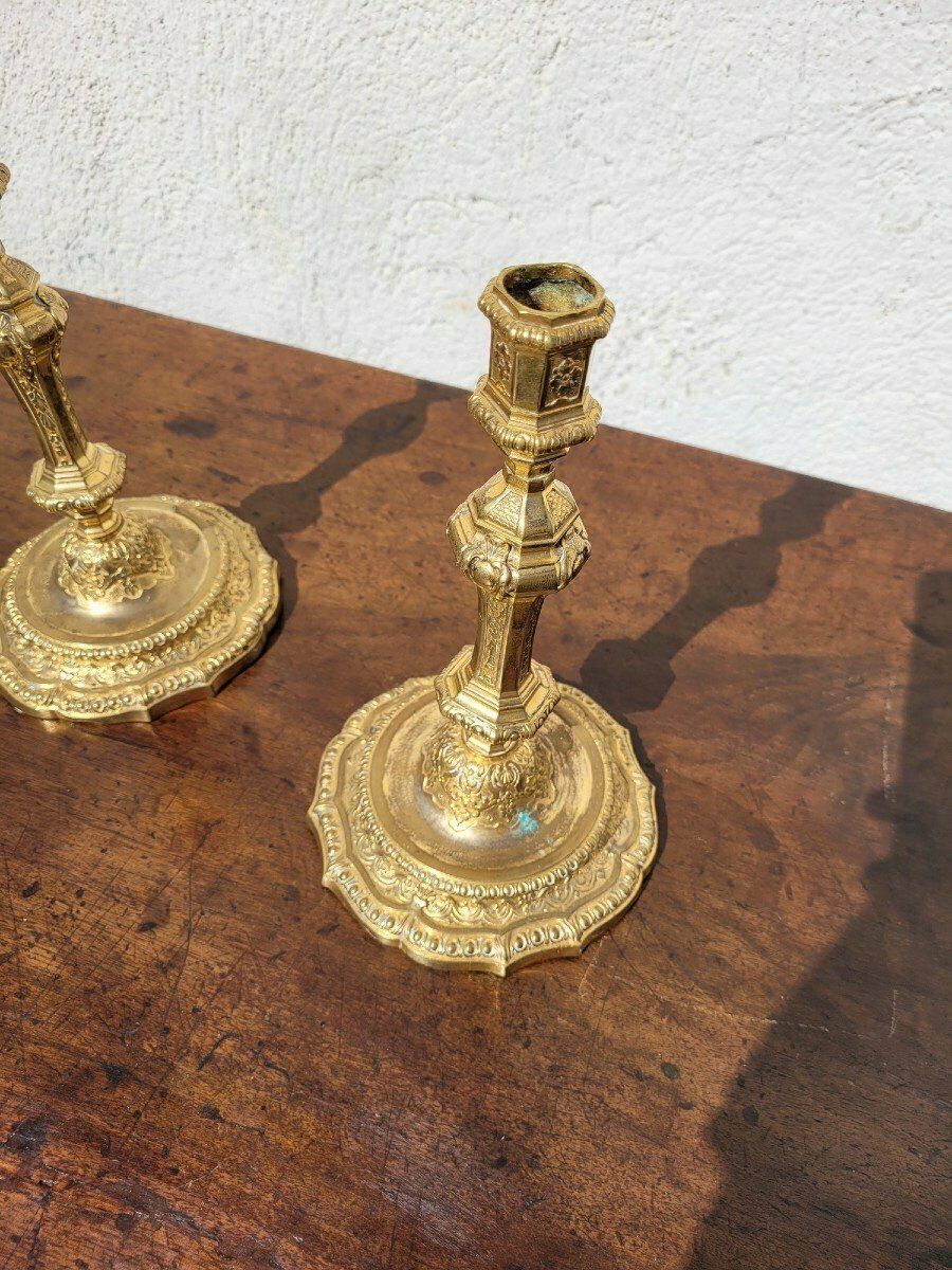 820.0 Pair Of Mercury Gilt Bronze Candlesticks, 19th Century photo