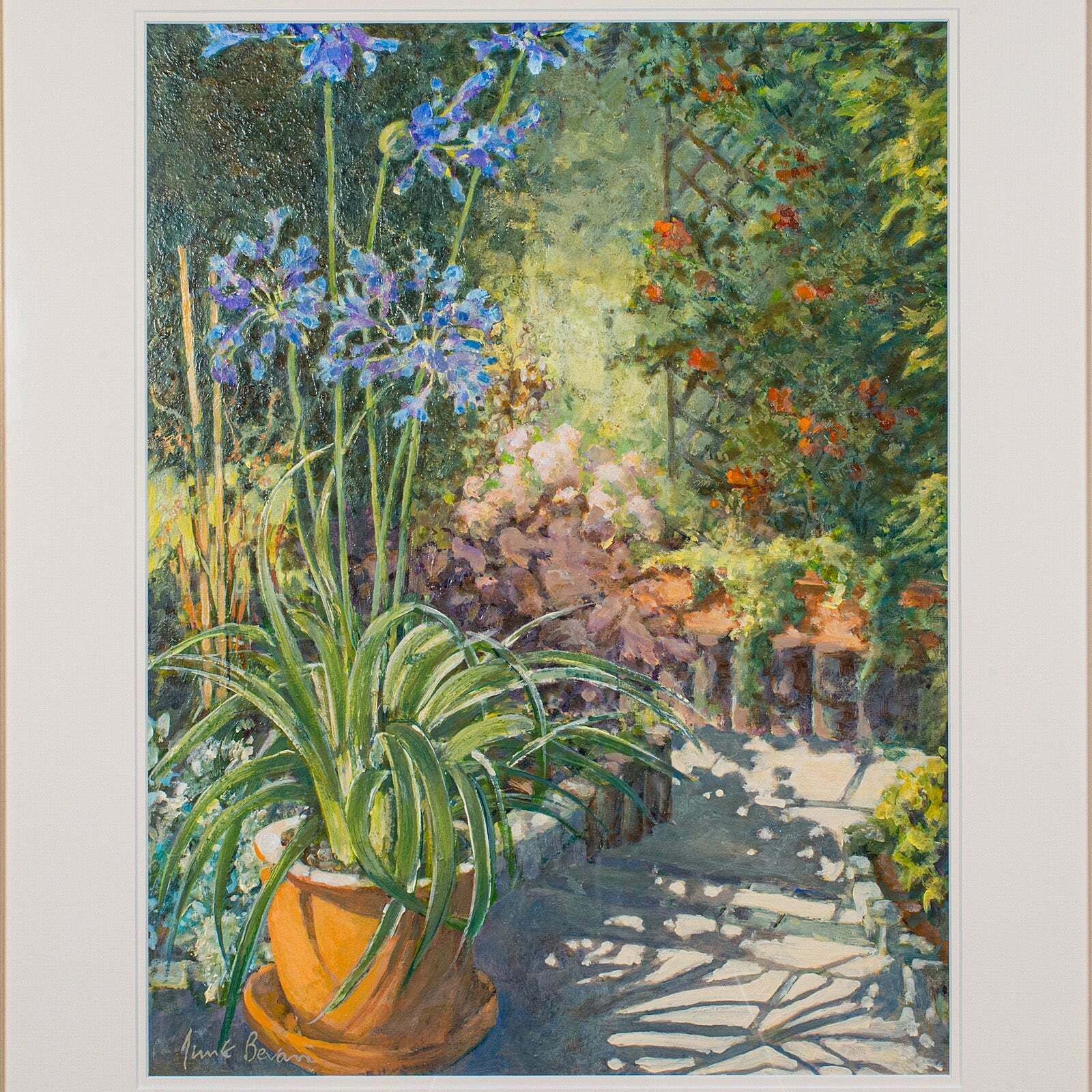Vintage Garden Painting, English Oil On Board, Glass, Flower Art, Signed, C.1980 photo Art