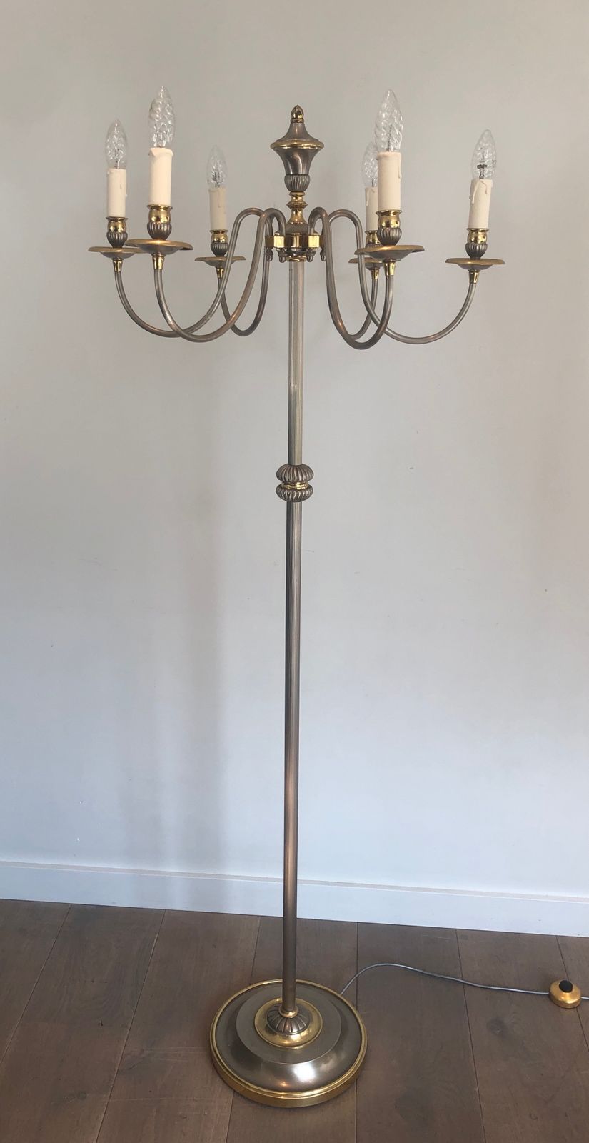 Silver Metal Floor Floor Lamp And 6 Arch Of Light Floor Lamp For Flooring Made Of Silver Plated Metal And Brass With 6 Arm Free Of Light. French Work. photo for sale