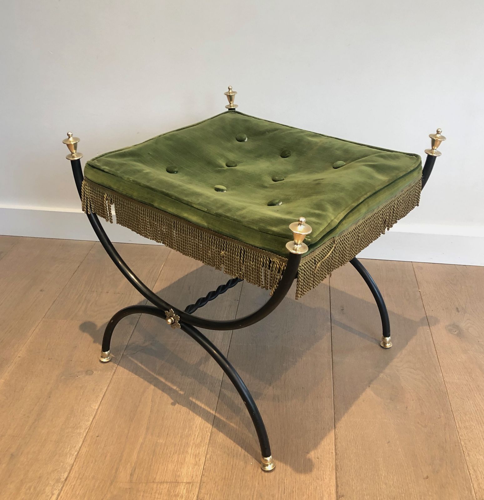 Neoclassical Style Stool In Black Lacquered Metal, Brass And Velvet photo 950.0