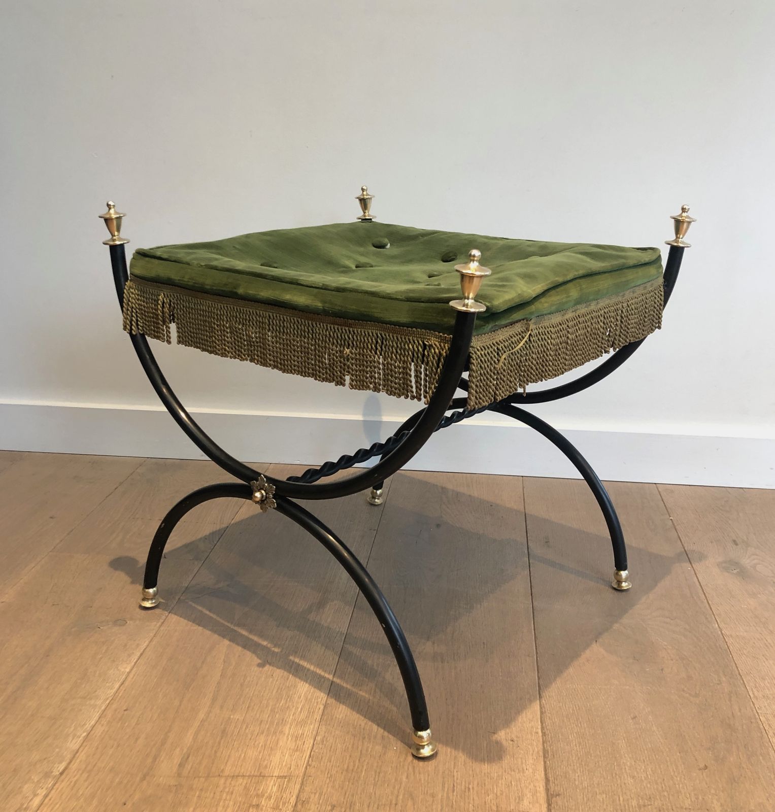 Neoclassical Style Stool In Black Lacquered Metal, Brass And Velvet photo vinterior