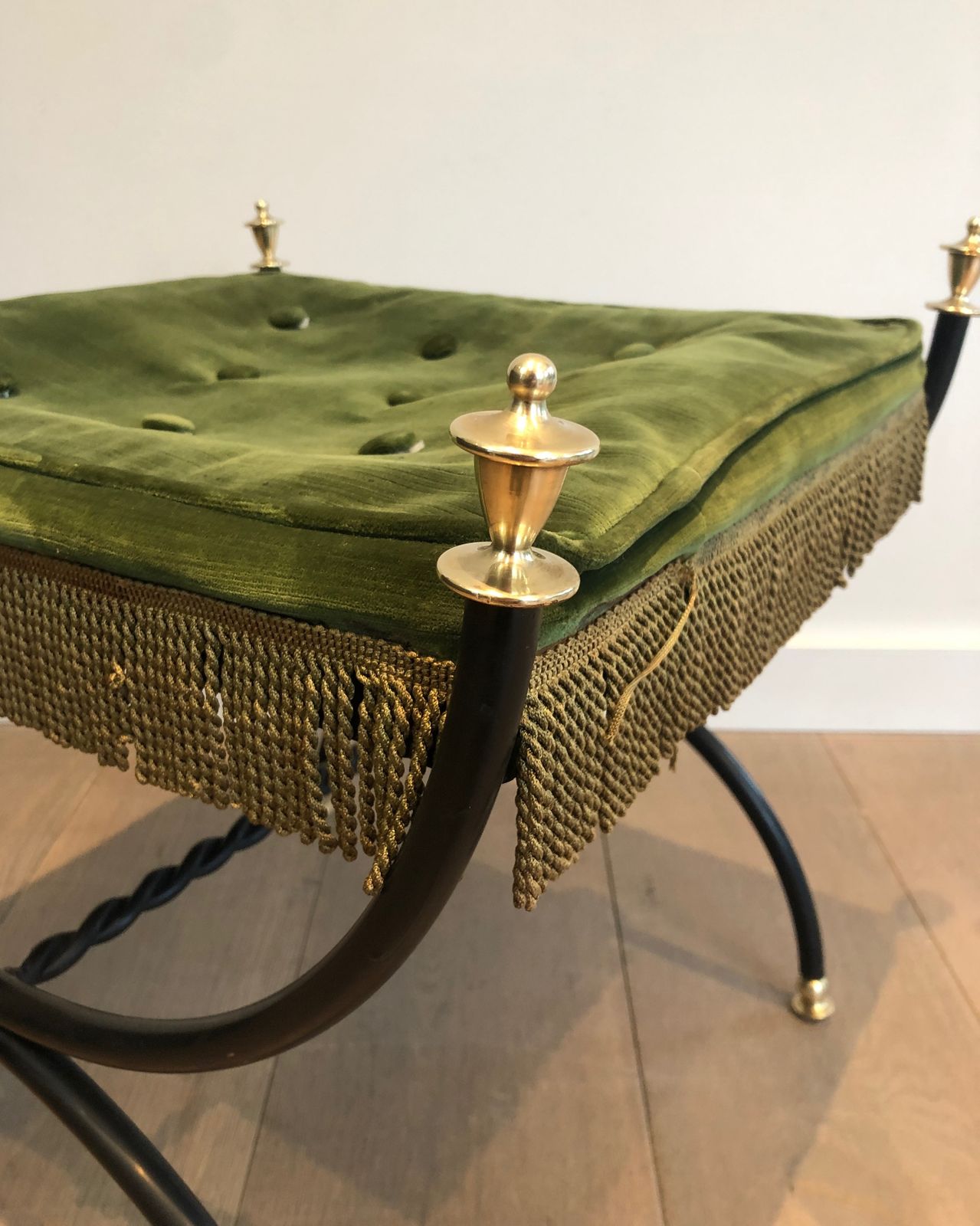 Neoclassical Style Stool In Black Lacquered Metal, Brass And Velvet photo vintage