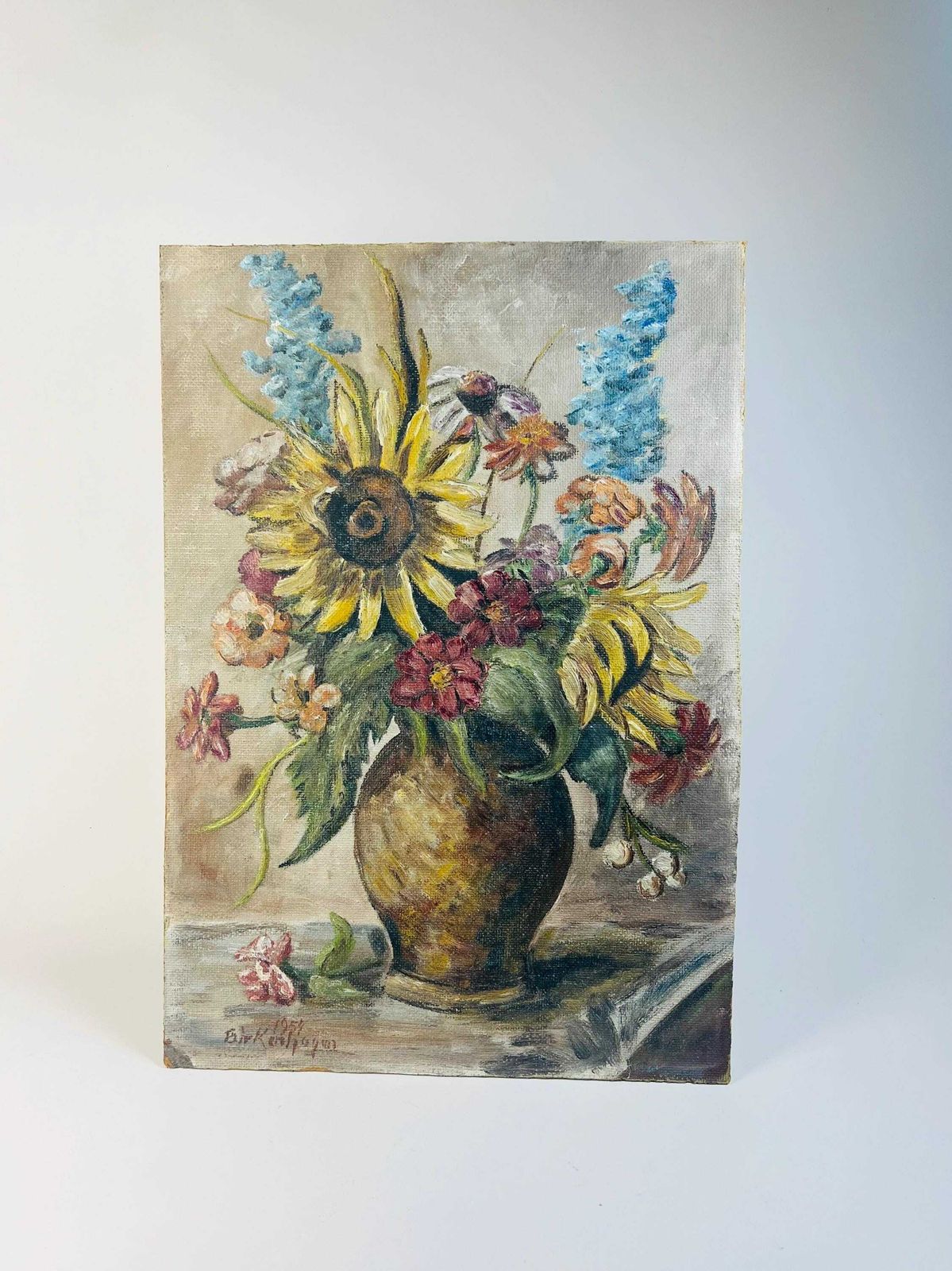 Vintage 1954 Swiss Gothic Floral Oil Painting On Board   Dark Sunflowers & Wildflowers Still Life photo furniture