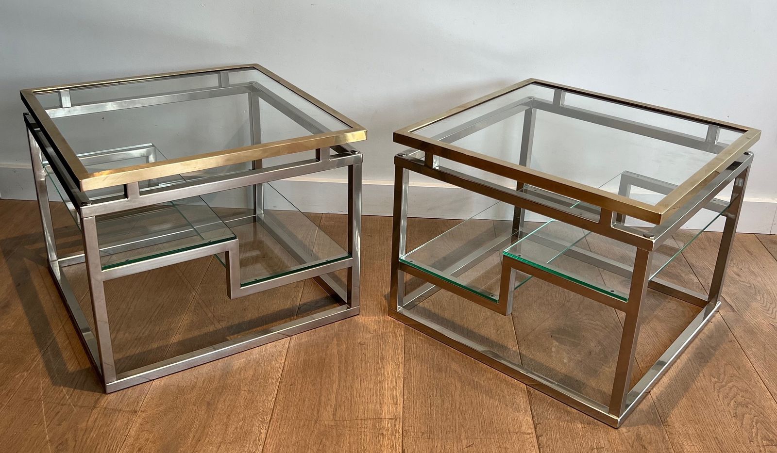 Pair Of Designer Side Tables In Chrome, Brass And Glass Tops photo furniture
