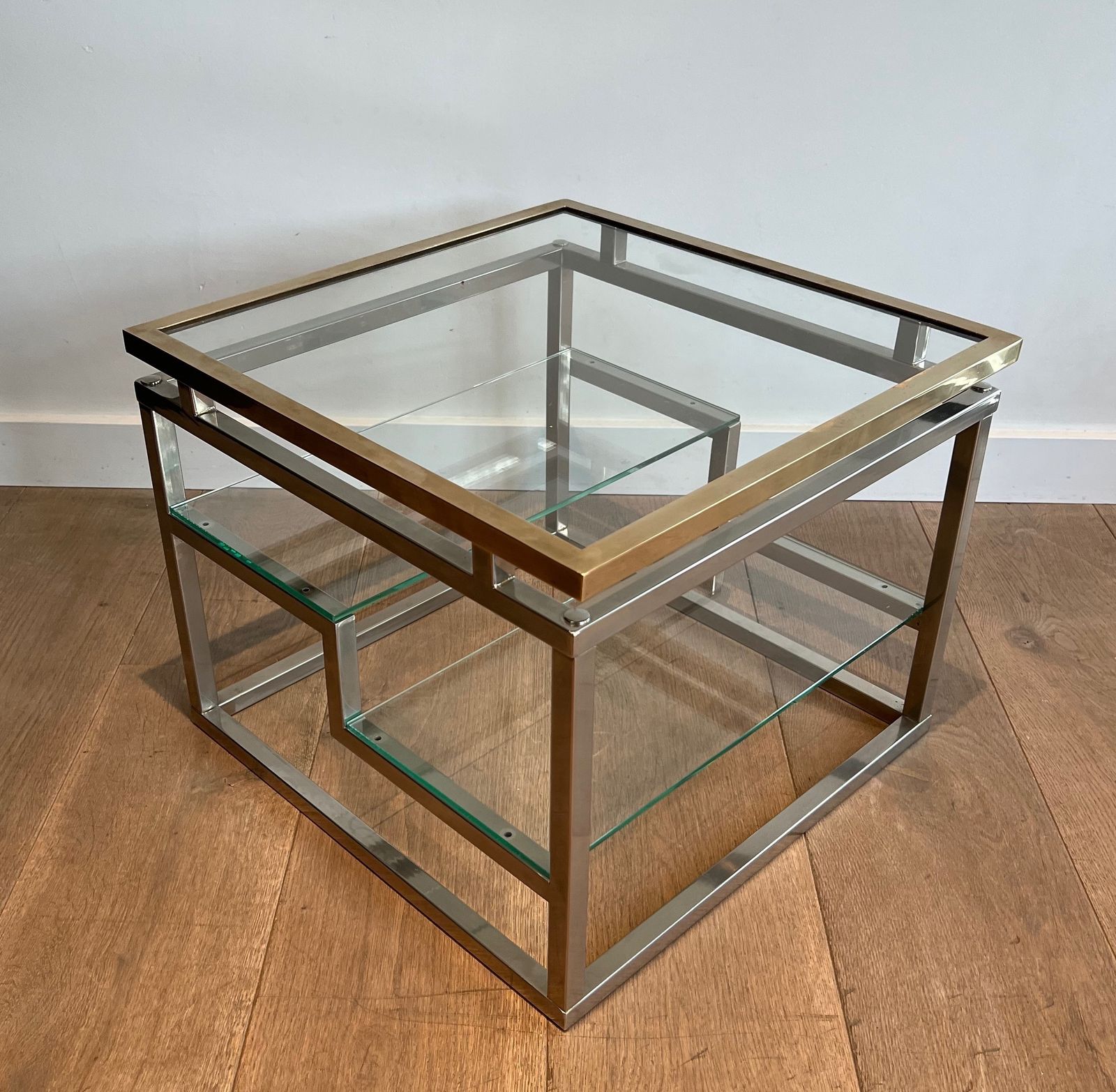 Pair Of Designer Side Tables In Chrome, Brass And Glass Tops photo 2650.0