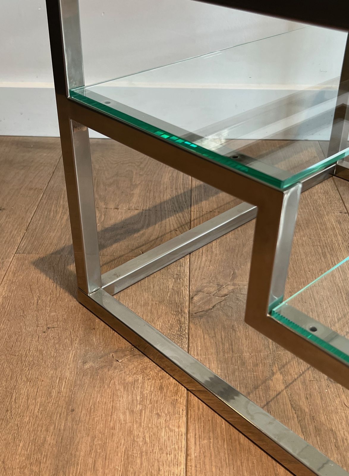 photo for sale Pair Of Designer Side Tables In Chrome, Brass And Glass Tops