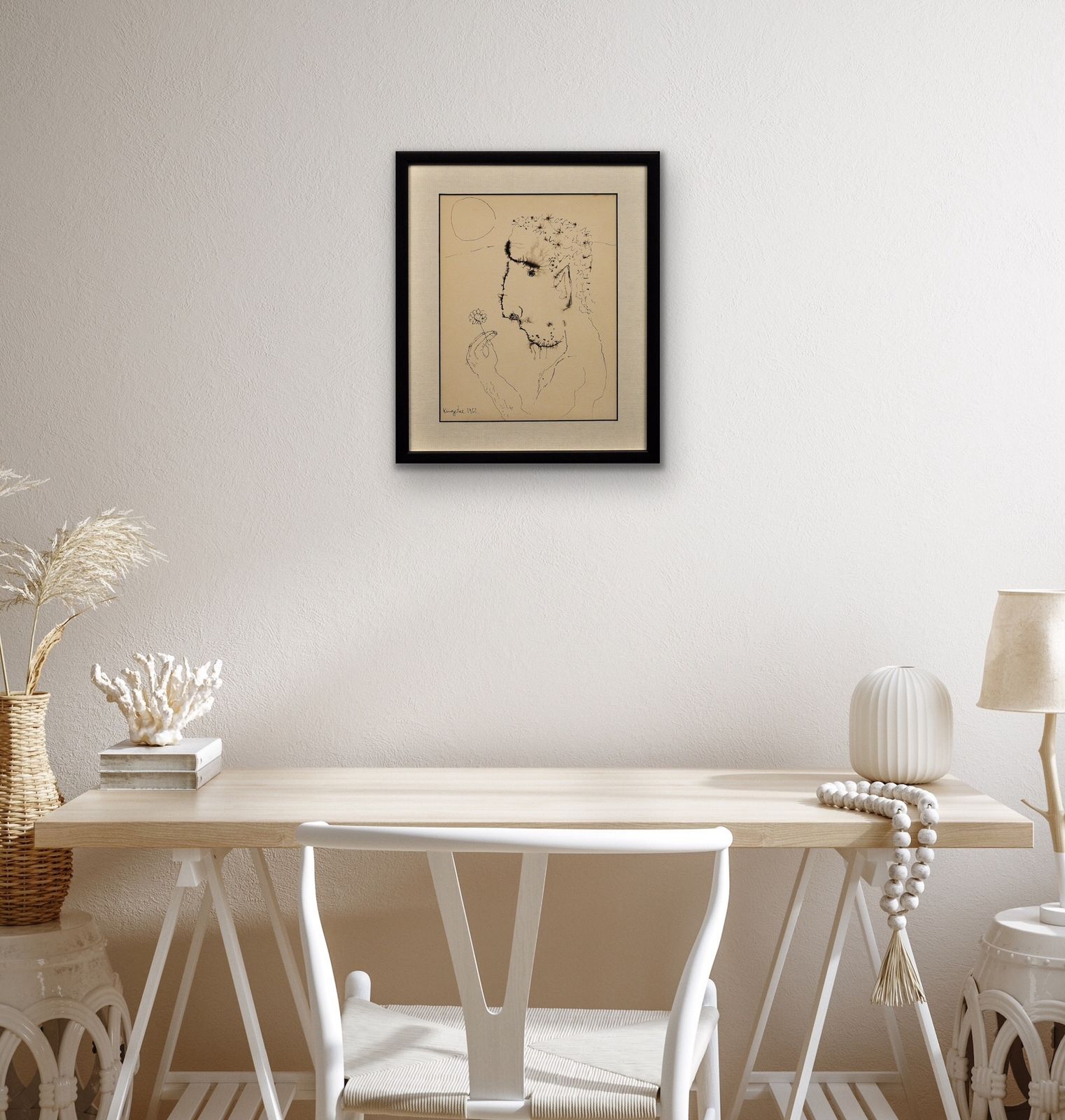 photo vintage John Kingerlee B.1936. Irish. John, A Self Portrait. Framed Modern British Mid 20th Century Ink On Paper Flower Power Drawing Dated 1967.